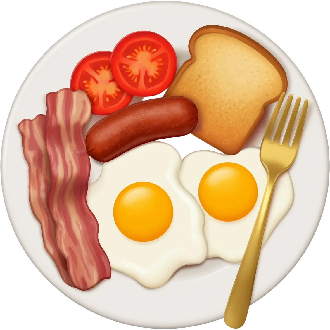 English breakfast full English breakfast with eggs, bacon, sausage, beans, toast, and tomato оn a beautiful white plate with a gold fork emoji