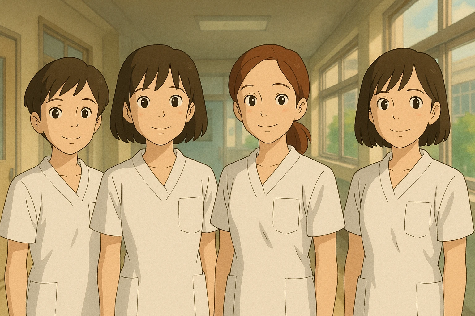 Four young nurses standing side by side, Ghibli style, white short-sleeved medical tunics with V-neck collars and left chest pockets, light fabrics. School or hospital ambiance, soft background, faces inspired by provided images, no visible medical accessories. emoji
