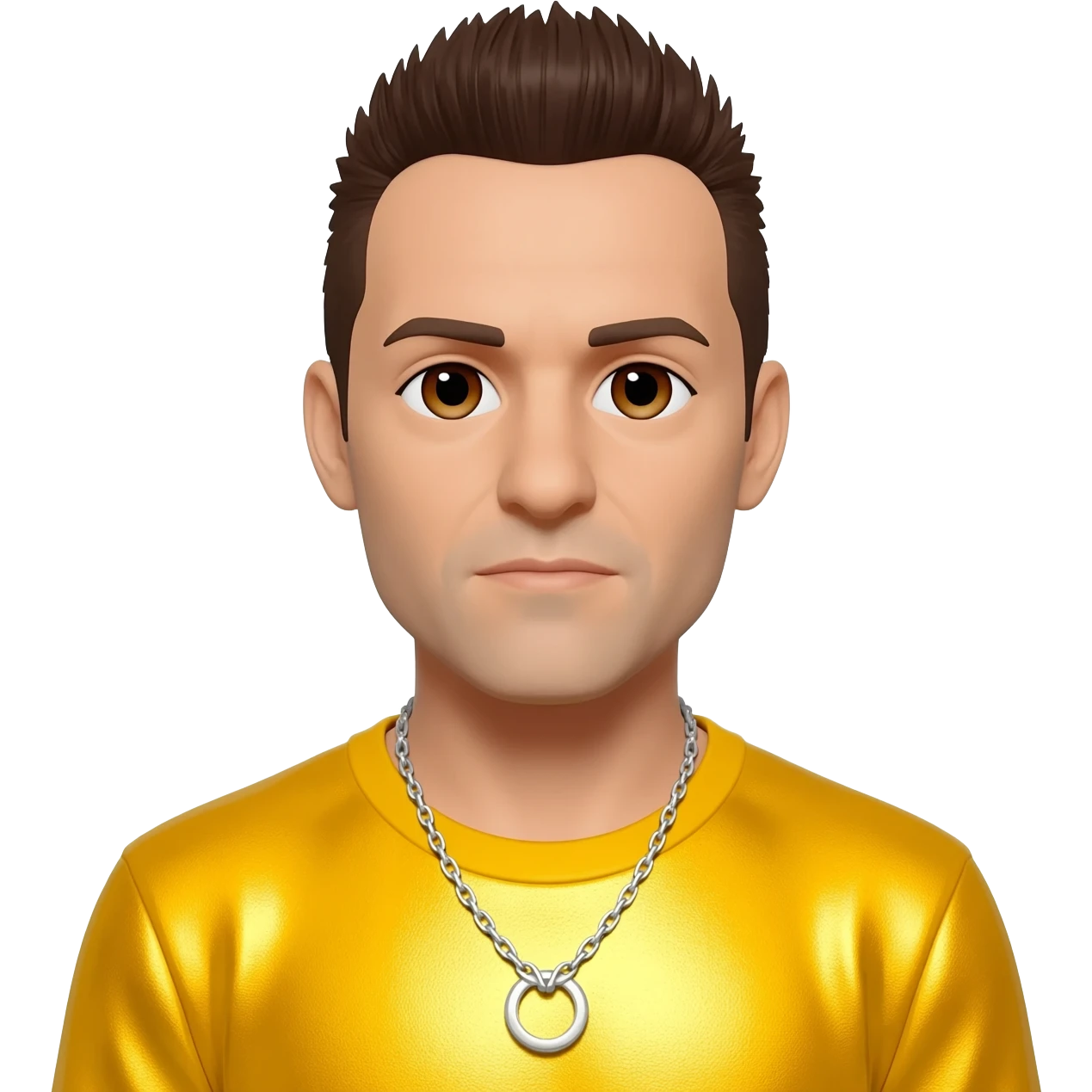 Serj Tankian with brown eyes, dark brown hair, yellow metallic t-shirt, silver necklace emoji