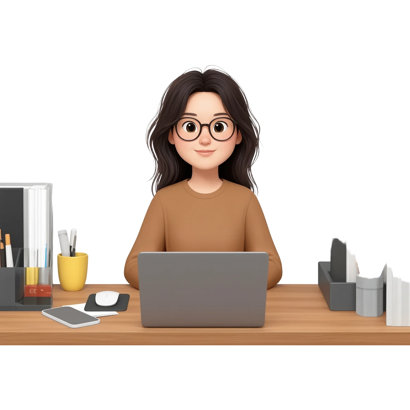 asian girl with messy long  hair and glasses working from home  on PC half body and front view profile emoji
