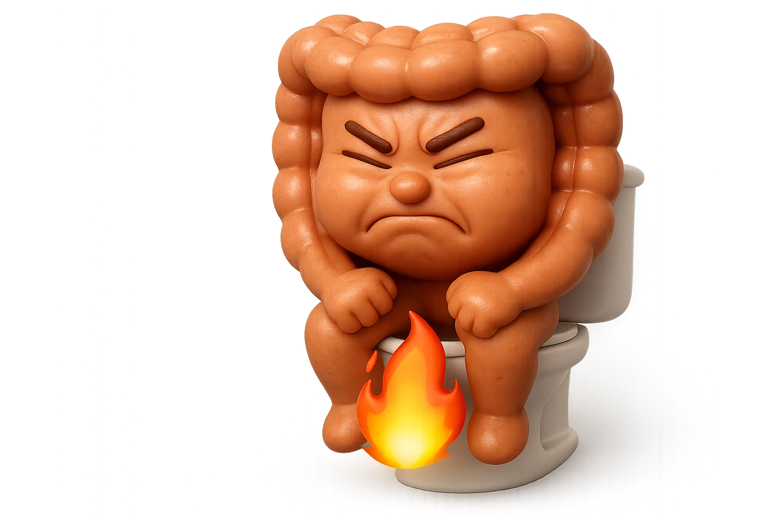 SU QUESTO STILE FAI UN EMOJI STILE IPHONE 3D DI UN INTESTINO CHE sta seduto sul wc e dal wc in mezzo alle sue gambe esce una fiamma stile emoji iphone, FAGLI UN ESPRESSIONE di dolore mentre si sforza E FALLO MOLTO REALISTICO IN 3D emoji