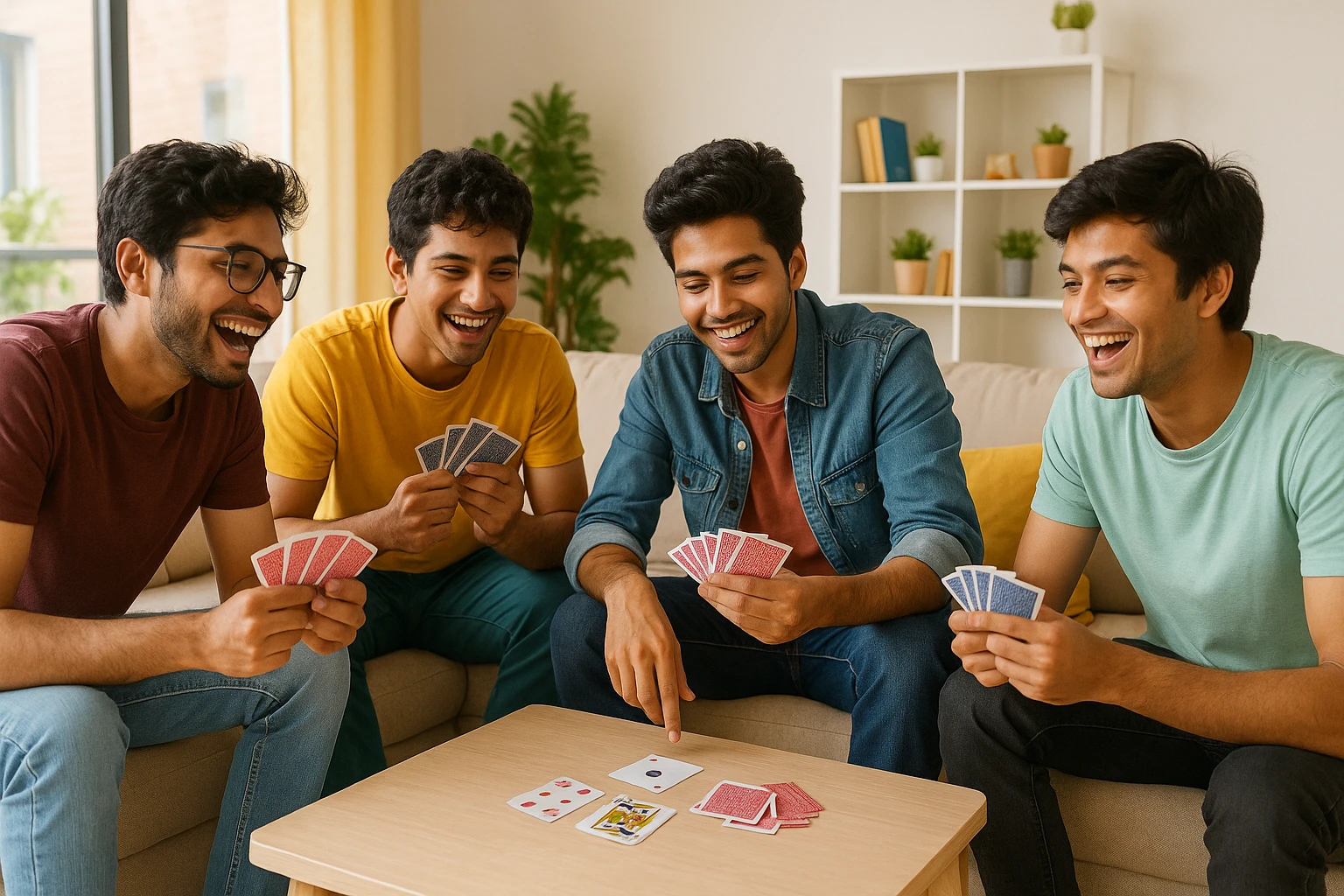 Indian college boys, four friends, playing tash (cards) together, cheerful, casual outfits, energetic, youthful environment emoji