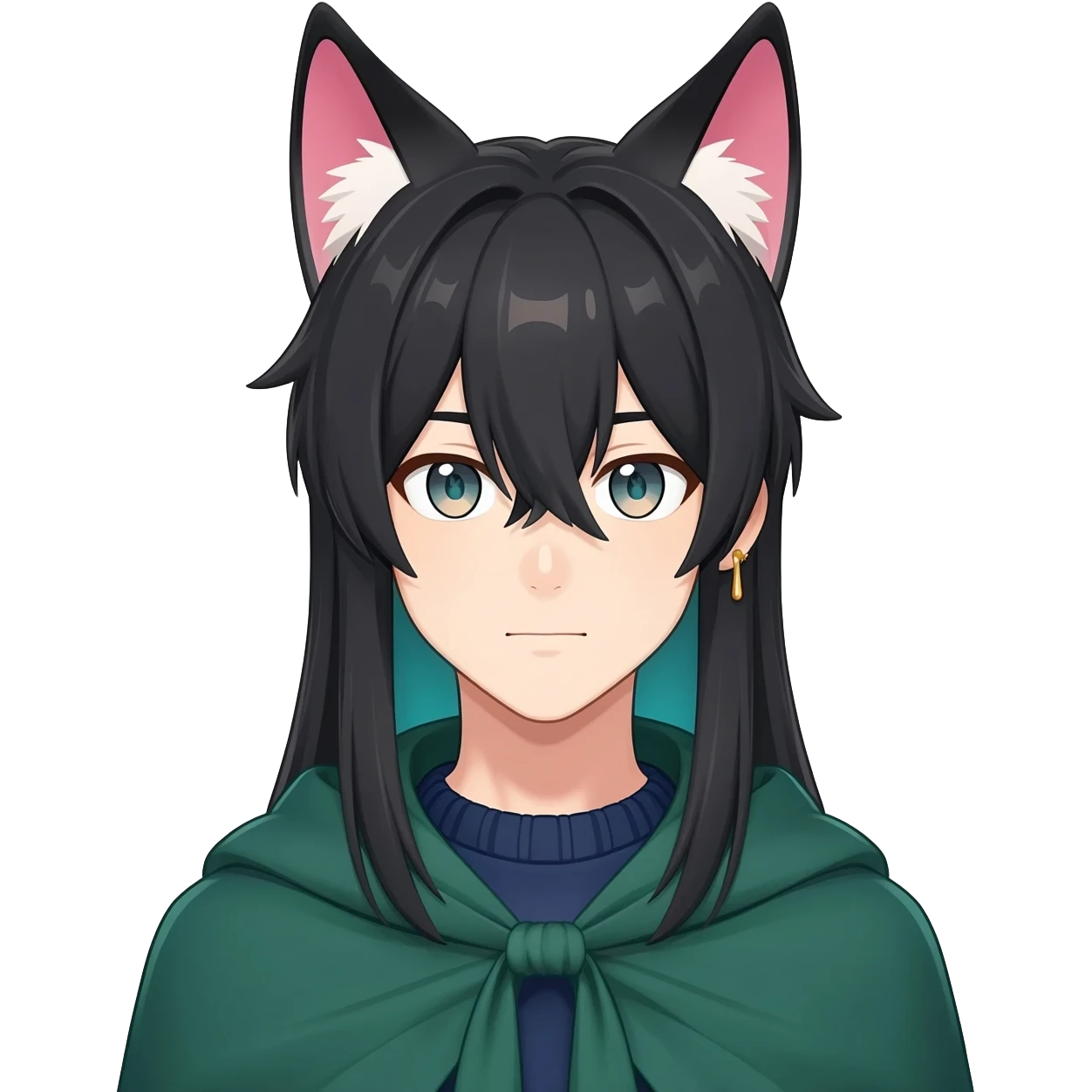 Tighnari from Genshin Impact; anime man with long-straight-dark-black hair, long black fox ears with pink Scapha, colorful-gradient-turquoise-brownish eyes, gold earring, dark-blue-sweater, green cape, white pupils emoji