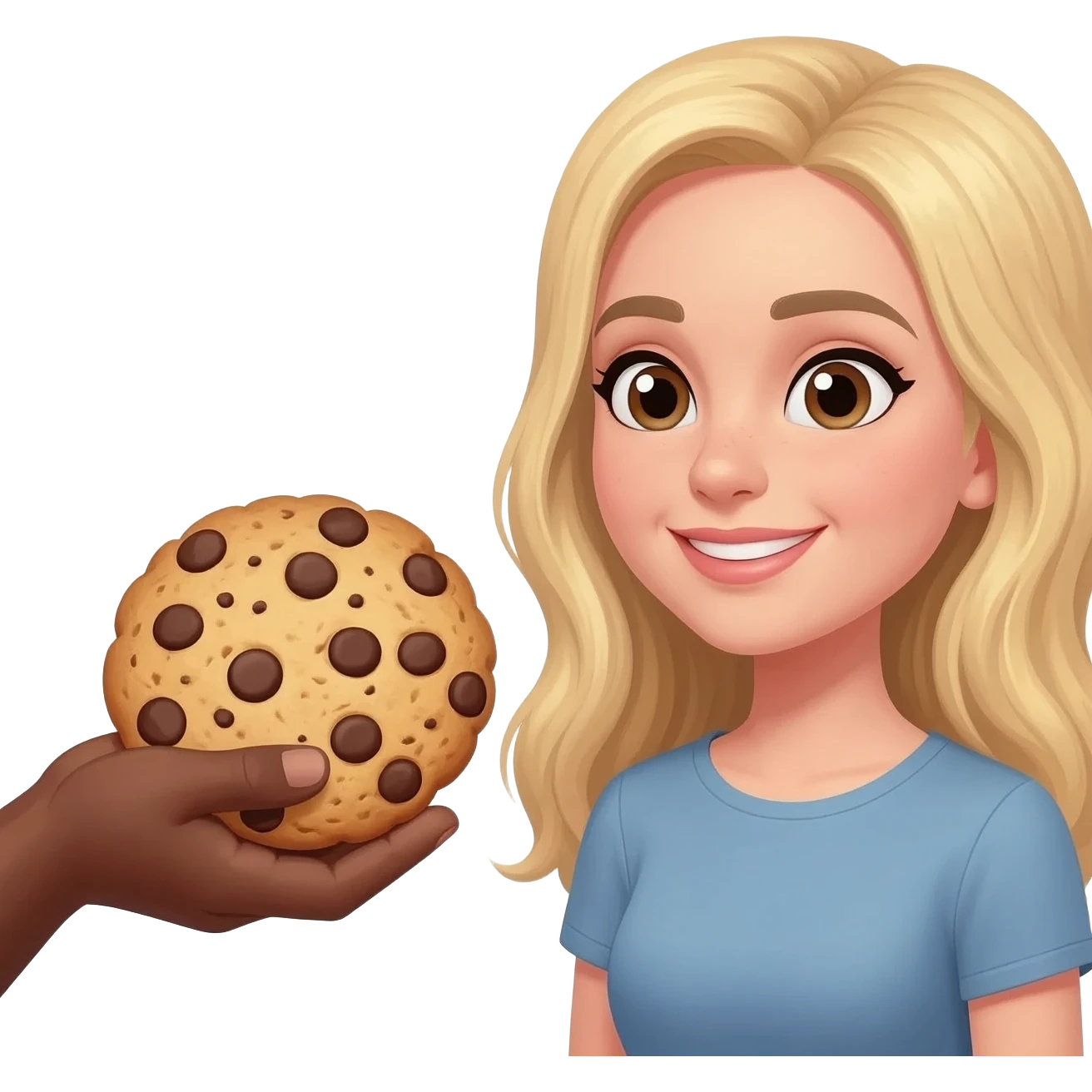 Black man with shaved head sharing cookies with blonde woman emoji