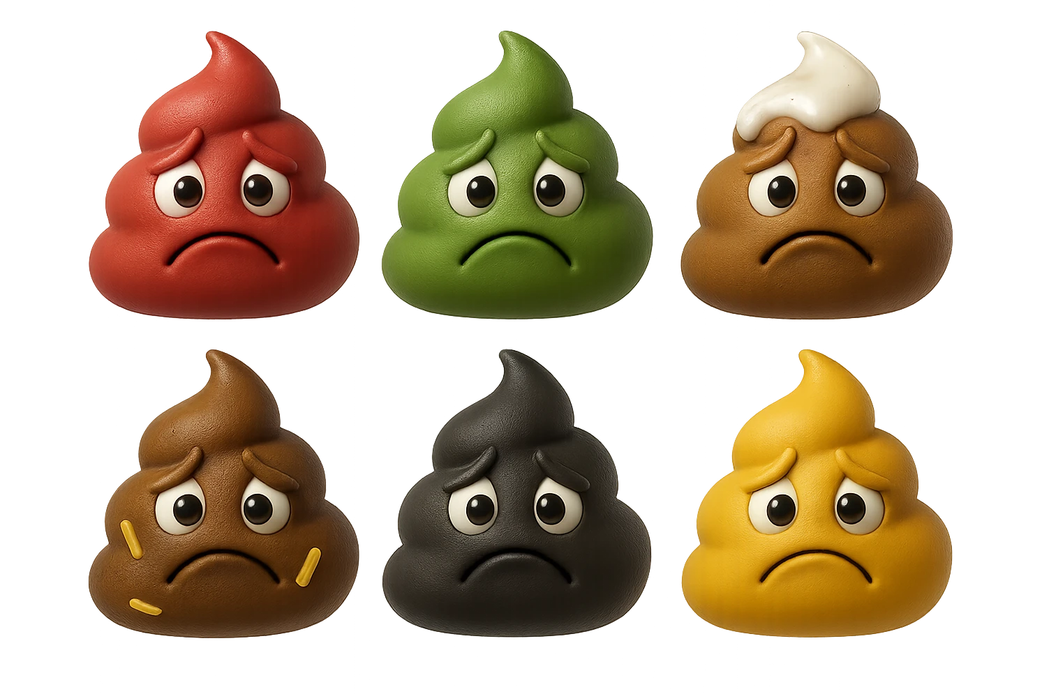 emoji stile iphone 3d di una cacca di colore rosso, una cacca di colore verde, una cacca di colore marrone con muco bianco visibile sopra,  una cacca di colore marrone con penne di pasta a pezzetti visibili all'interno di essa,  una cacca di colore nero e una cacca di colore giallo, tutte le cacche hanno un espressione triste, iperrealistiche 4k emoji