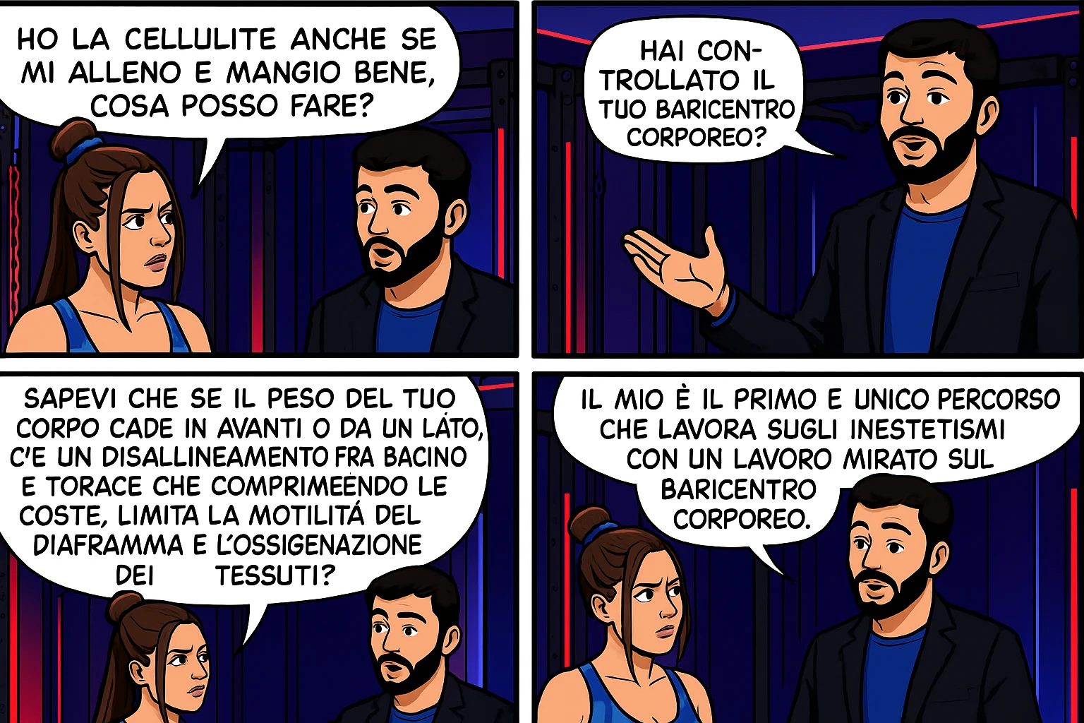 TRASFORMA QUESTO CAROSELLO IN UN FUMETTO CON QUESTE DUE PERSONE IDENTICHE CHE INTERLOQUISCONO TRA LORO:

LEI: Ho la cellulite anche se mi alleno e mangio bene, cosa posso fare?

LUI: Hai controllato il tuo baricentro corporeo?
Sapevi che se il peso del tuo corpo cade in avanti o da un lato, c’è un disallineamento fra bacino e torace, che comprimendo le coste, limita la motilità del diaframma e l’ossigenazione dei tessuti?
Il mio è il primo e unico percorso che lavora sugli inestetismi con un lavoro mirato sul baricentro corporeo. emoji