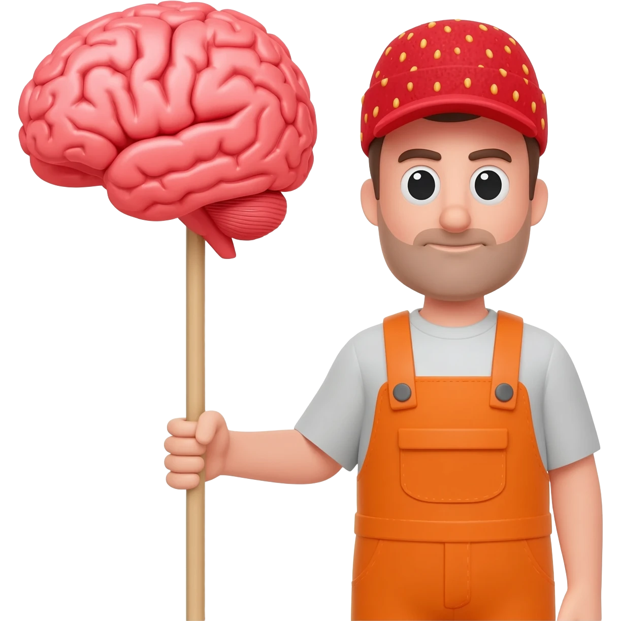 A guy with red hat and orange overalls and more and with some 3D skippity sentence brain rod and more and crazy little strawberry Red Crimson hat emoji