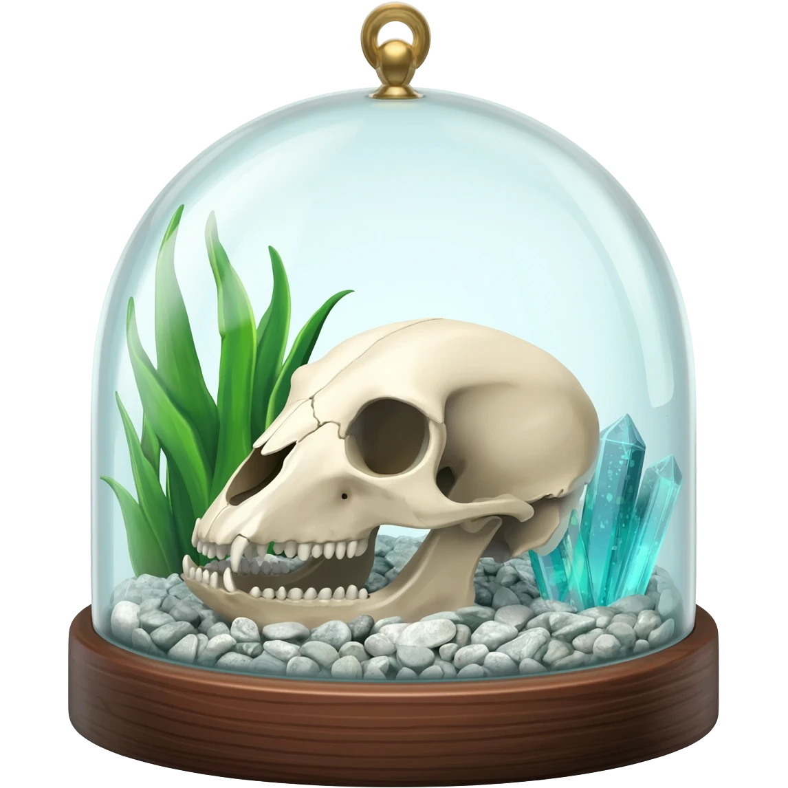 A terrarium glass dome with an animal skull inside, shiny pebbles and crystal inside. And plants inside  emoji