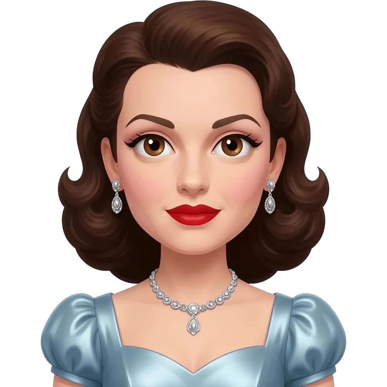 Judy Garland with brown eyes, long dark brown hair, white eyeshadow, red lipstick, light steel blue metallic queen anne dress, silver necklace and earrings emoji