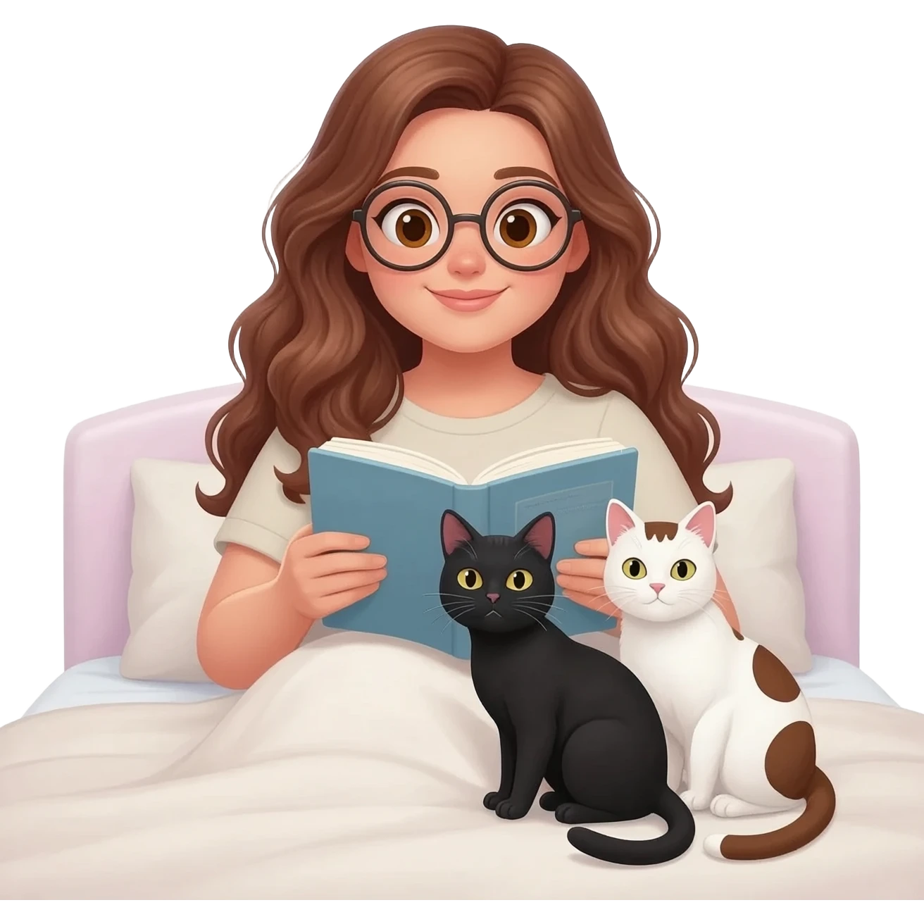 detailed emoji illustration of a curvy woman with long chestnut brown wavy hair, light brown eyes and round glasses sitting on a bed and reading a book, with two cats beside her: one black cat and one white cat with brown spots, cozy bedroom atmosphere, cute emoji style emoji