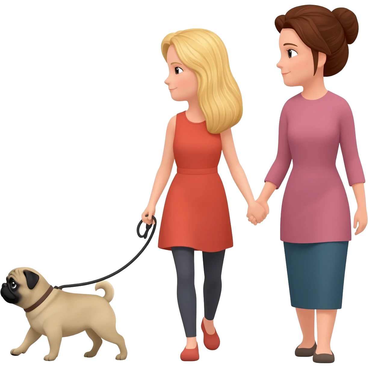 haz una chica rubia paseando a su perro pug con su mama emoji