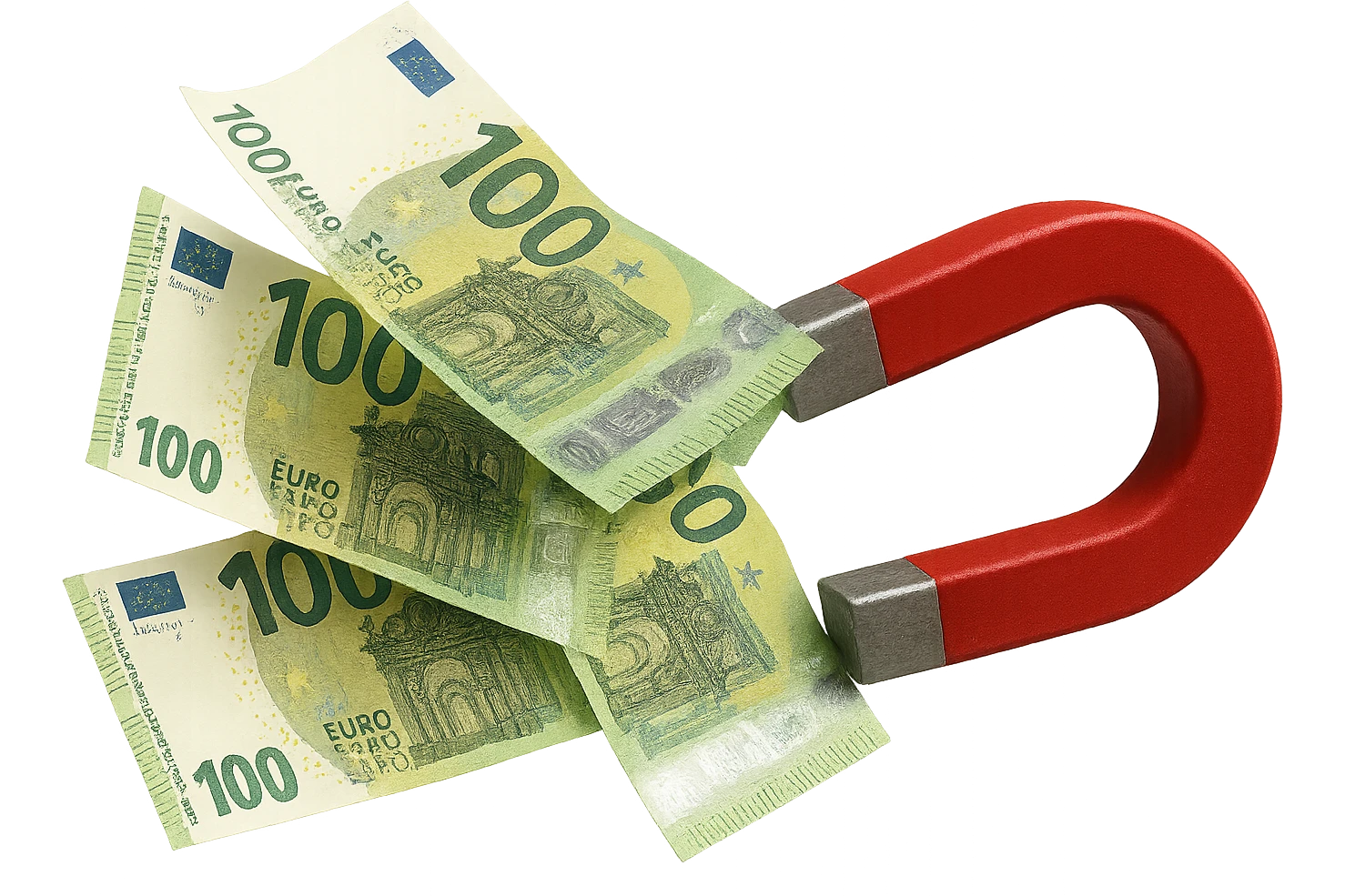 banconote di euro fluttuano vicino ad una calamita rossa, sono attratte, iperrealistico 4k emoji