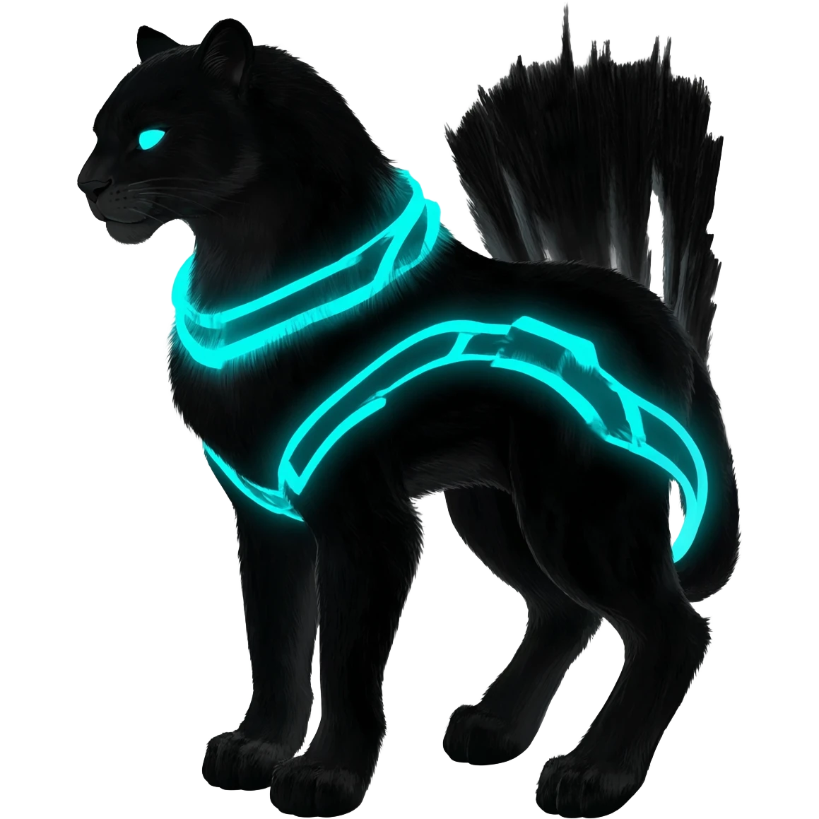 Obsidian-black fur body with bioluminescent neon glowing blue ring-markings Grem2-Gremz-Cheetah-Sergal-fusion, full body  emoji