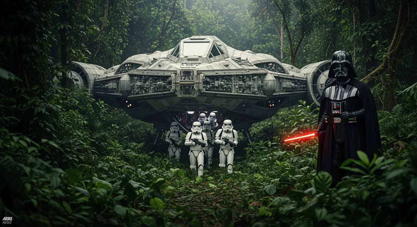 cinematic still, Closeup shot, amazon jungle, Darth Vader around stormtroopers coming out from starship on ground, they are exploring the jungle, inspired by StarWars movie, captured by arri alexa emoji