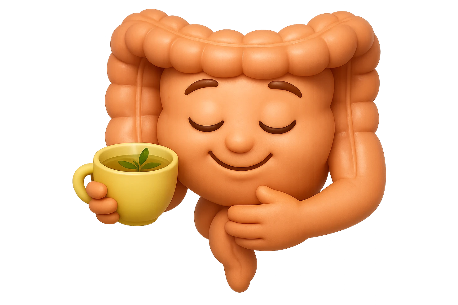 emoji stile iphone 3d di intestino umano sereno che si tocca la pancia mentre sorseggia un thè alle erbe, iperrealistico 4k emoji