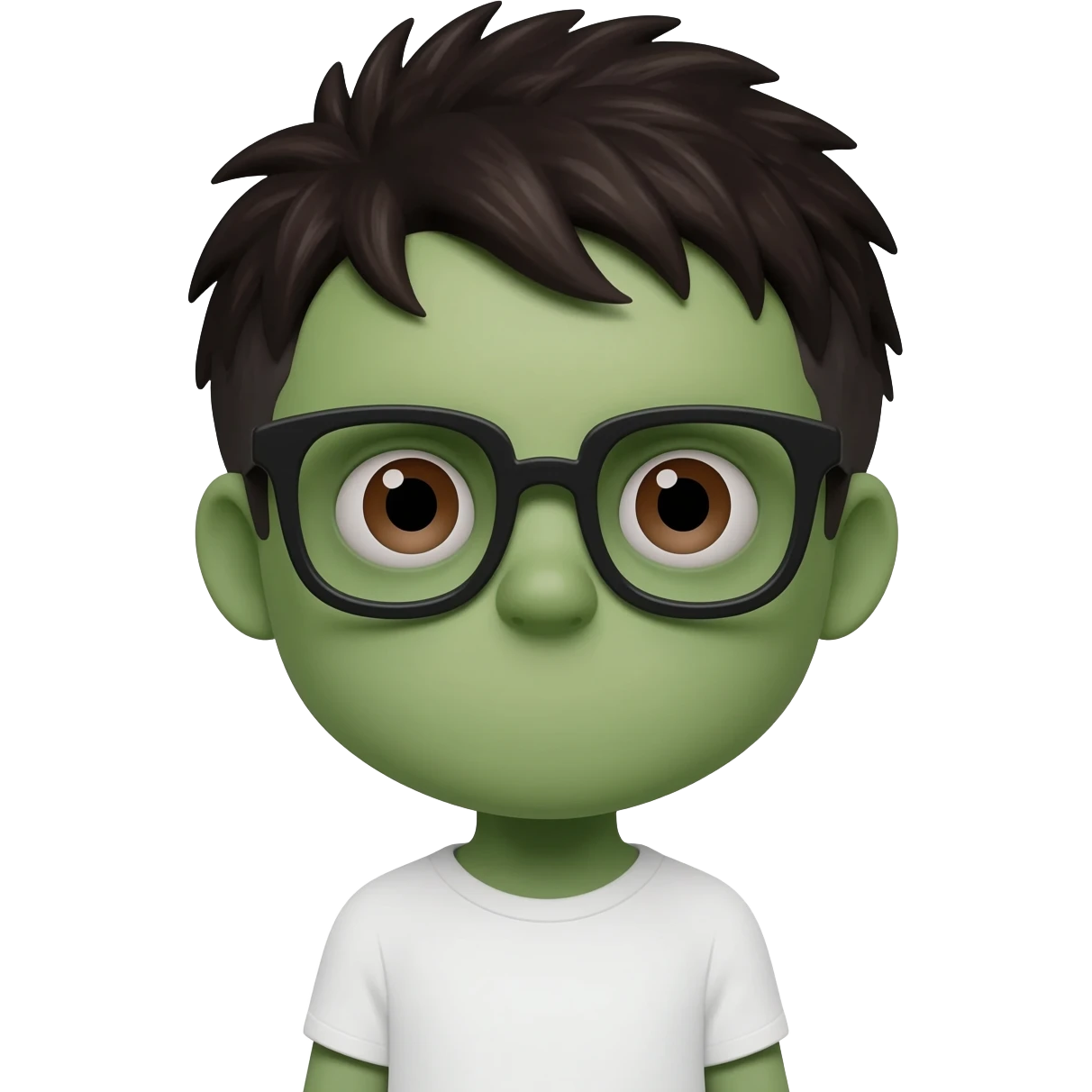zombie boy with white tshirt and black brownish hair and with black glasses frames on hair is texturized young boy and round face more green face and dark brown eyes emoji