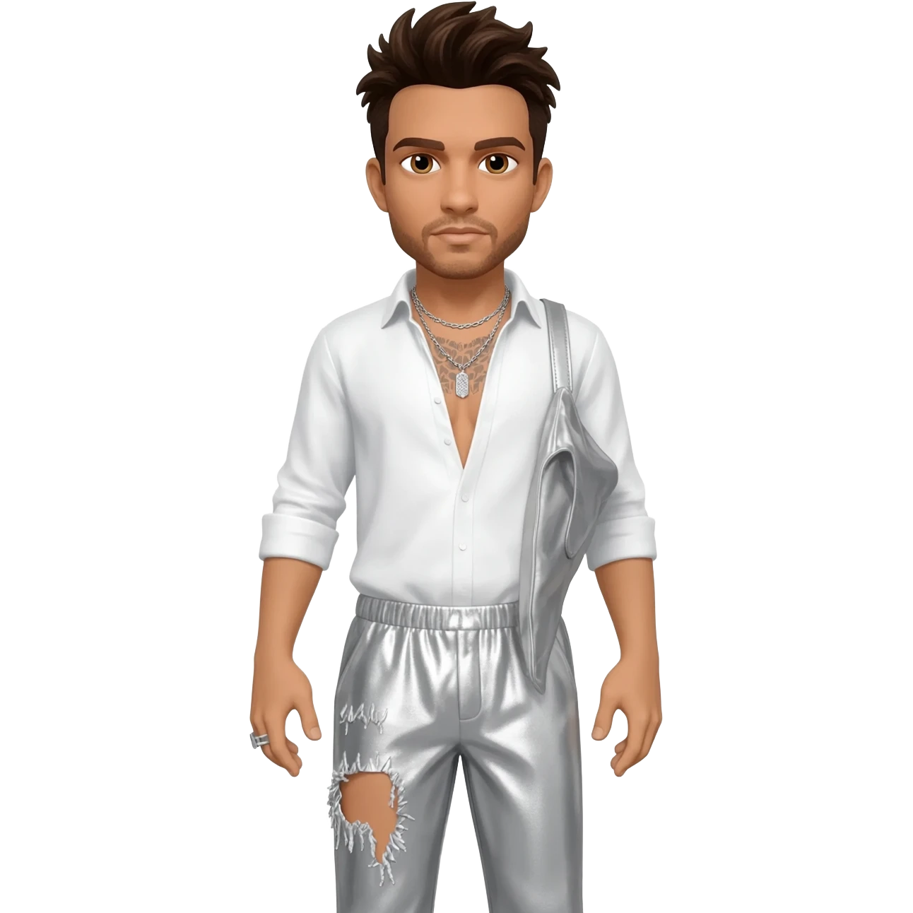 Howie Dorough with light tan skin, brown eyes, dark brown hair, white metallic shirt, white metallic baggy pants, silver necklace emoji