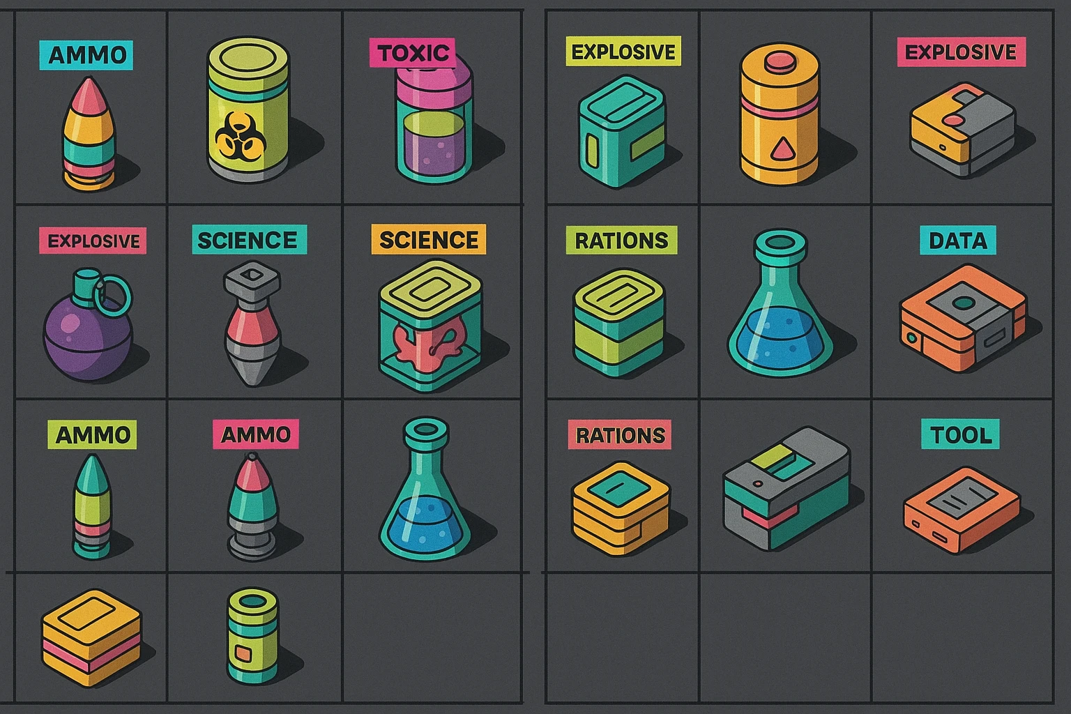 a virtual display, a gray grid with darker gray cells, each cell containing an item viewed in isometric minimalism render The cells have pastel neon colored labels in their upper corner, indicating various traits of the items. retrofuturism, circa 2880's.
The items are scientific and military in nature - varieties of munitions, scientific samples, rations, data storage, utilities. There are two arrays of grids, one left, one right. Each array has a few empty spaces at the bottom. "graphic realism." brutalism. the items are adorned in a combination of  bright colors, neon-safety, early 90's pallet, with muted gray tones in EVEN BALANCE. emoji