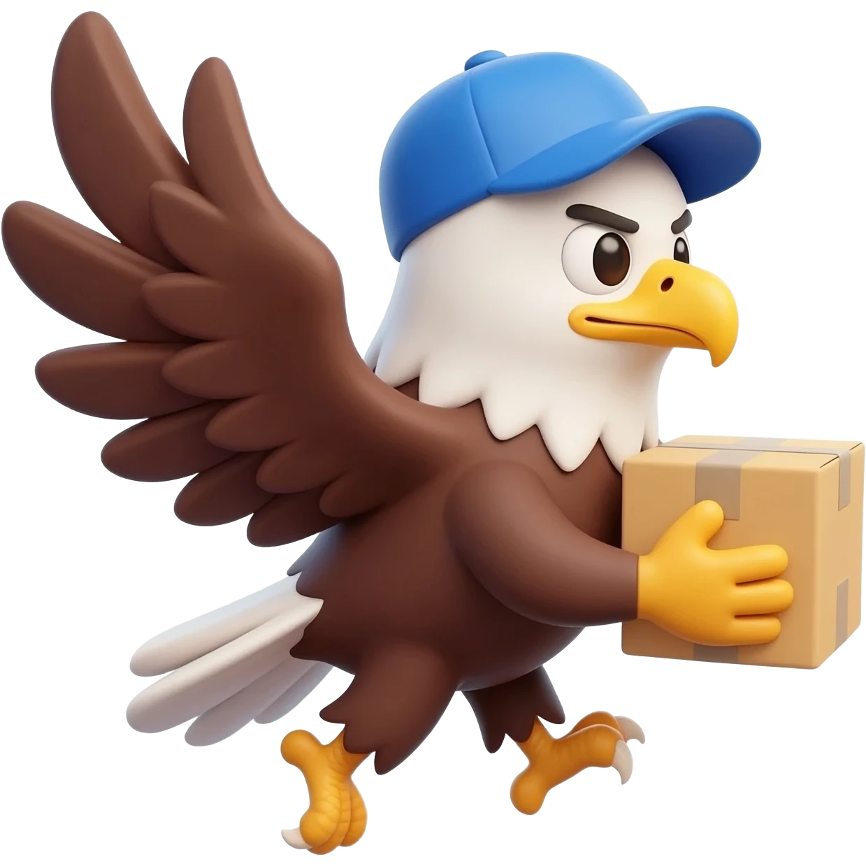 A cute 3D emoji sticker of a determined eagle with red wings wearing a blue delivery cap, flying fast to the right, carrying a yellow cardboard box, dynamic motion lines, soft studio lighting, 3D render, Pixar style, white background, isolated object, high quality --ar 1:1 emoji