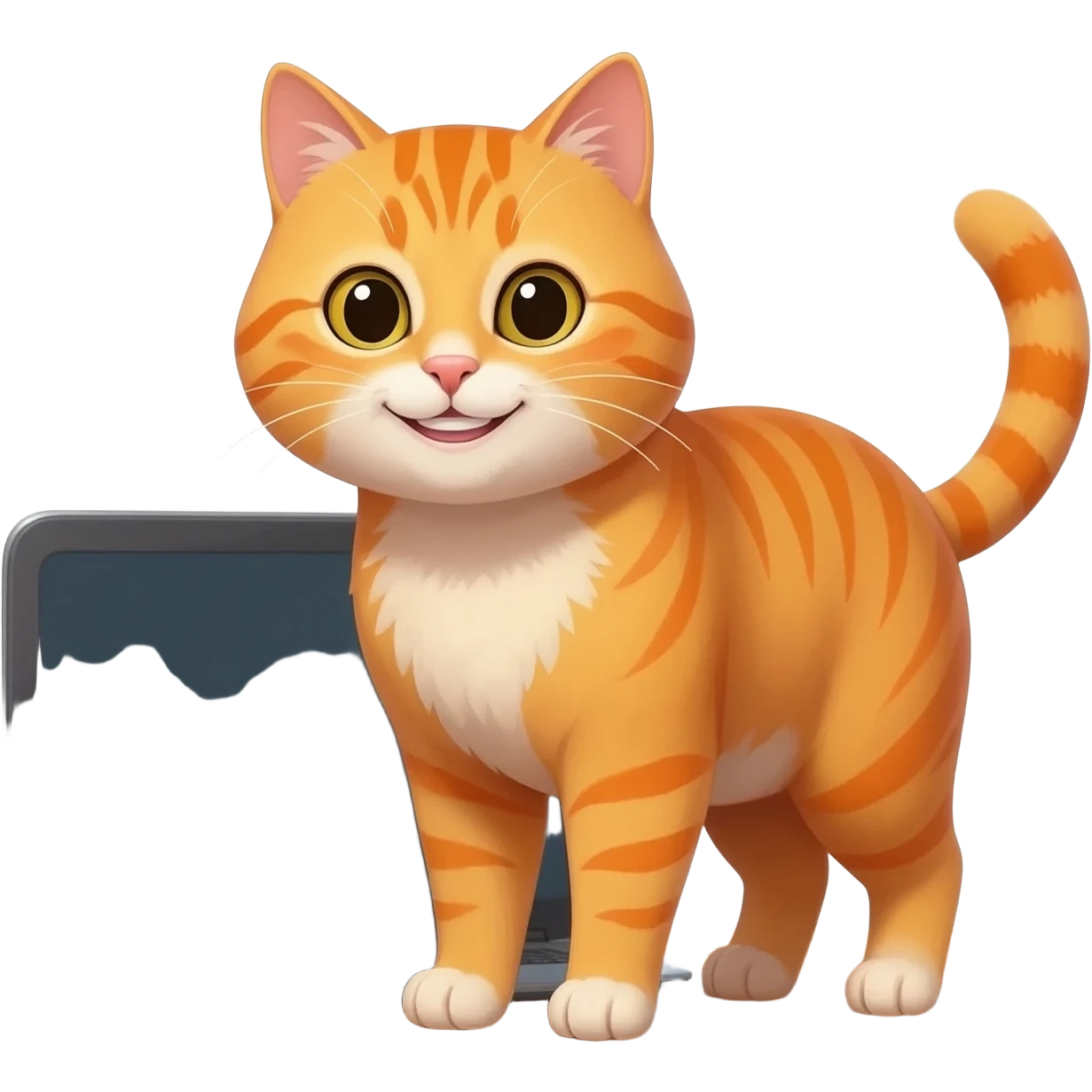 Cat smiling in front of a laptop with the sun behind him emoji