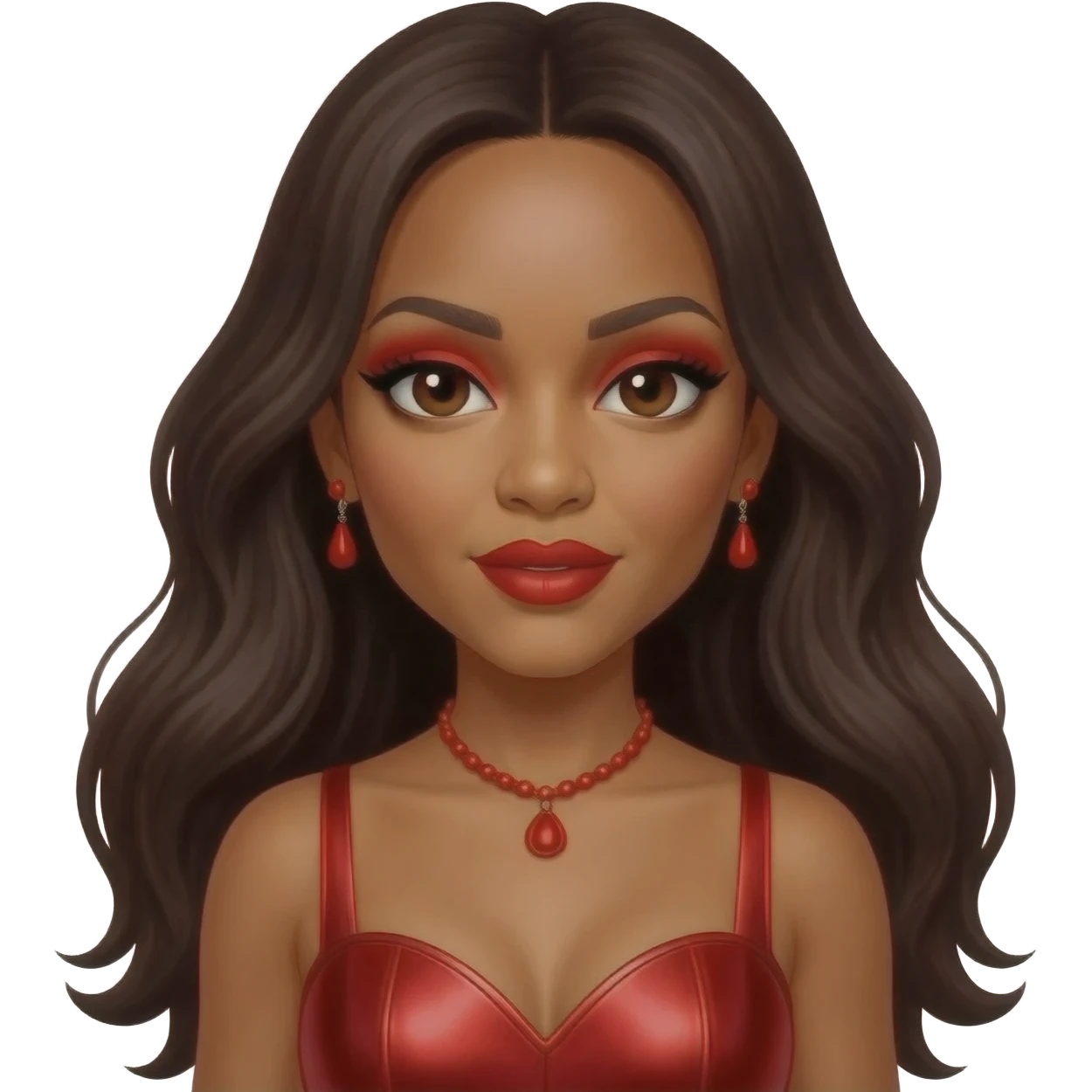 Kelly Rowland with dark brown eyes, red eyeshadow and lipstick, long dark brown hair, red metallic sweetheart dress, red necklace and earrings emoji