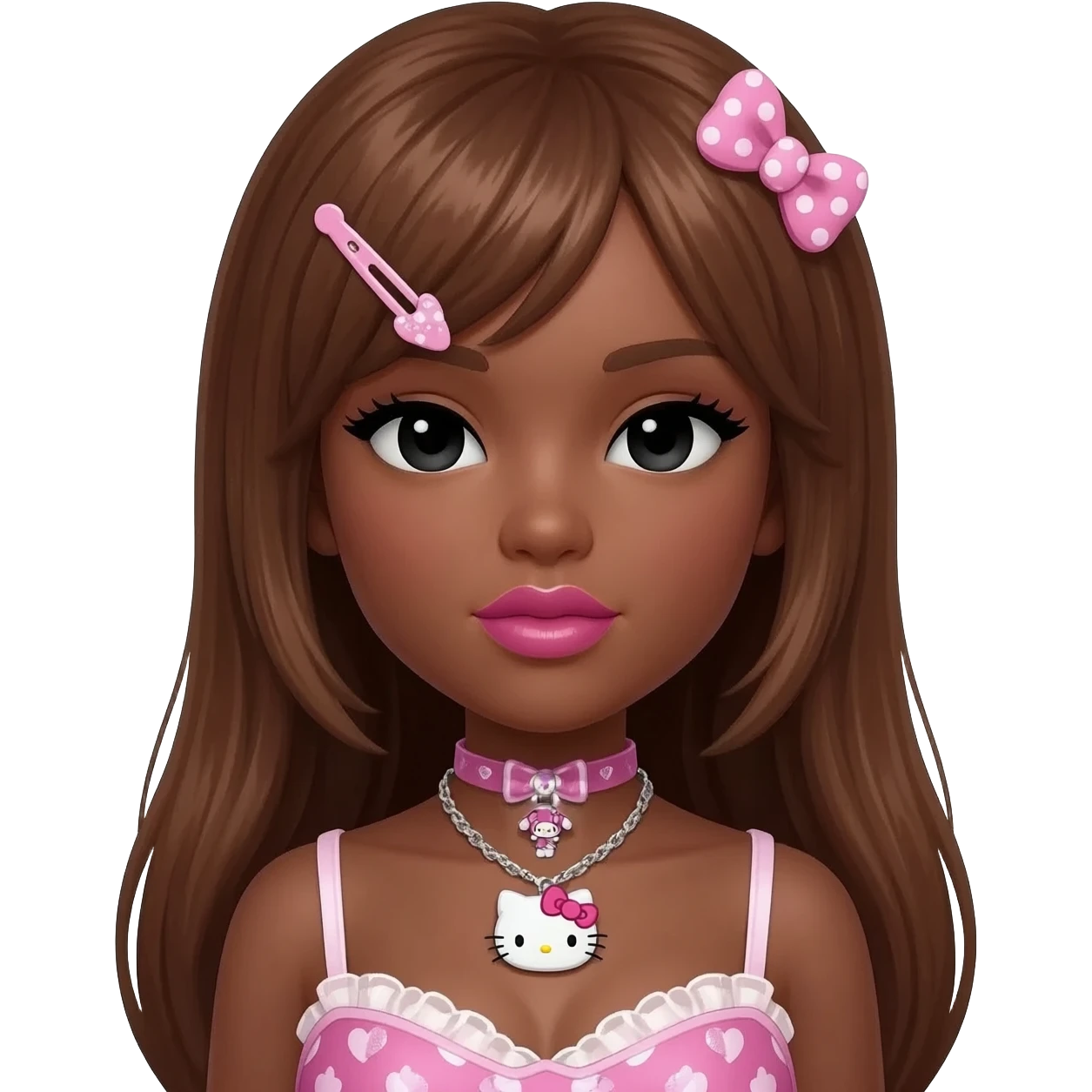 my melody hairclip, Doll faced shaped, hello kitty necklace, bimbo, black doll eyes, Big lips barbie, long dark brown skin with honey brown hair, bimbocore outfit emoji