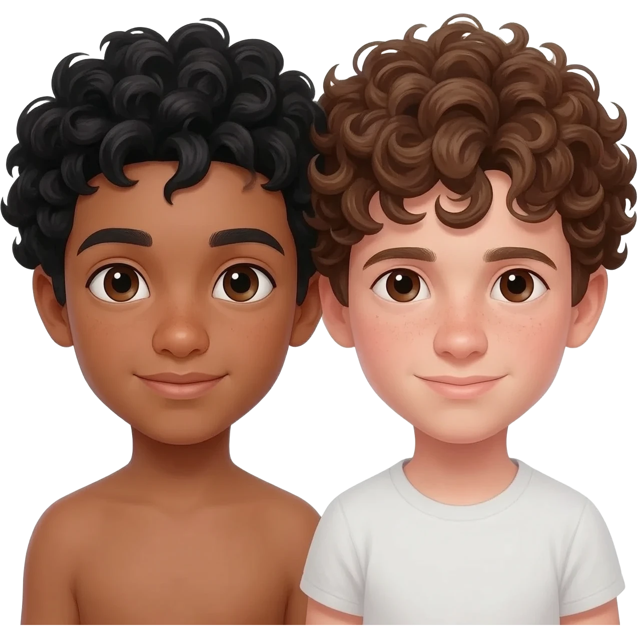 2 boys in love one tan black hair one flare skinned and brown curly hair, both with dark brown eyes emoji
