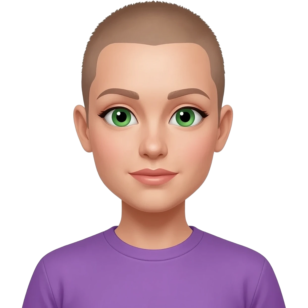White skin ,  female, light brown buzzcut, purple shirt, green eyes emoji
