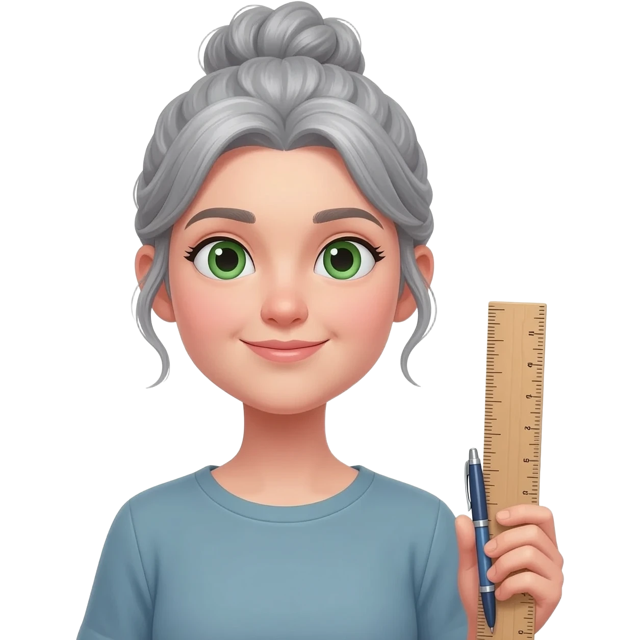 MUJER JOVEN, PELO GRIS, MOÑO INFORMAL DESPEINADO, OJOS VERDES  Y CARA OVALADA CON UTENSILIOS DE MAESTRA emoji