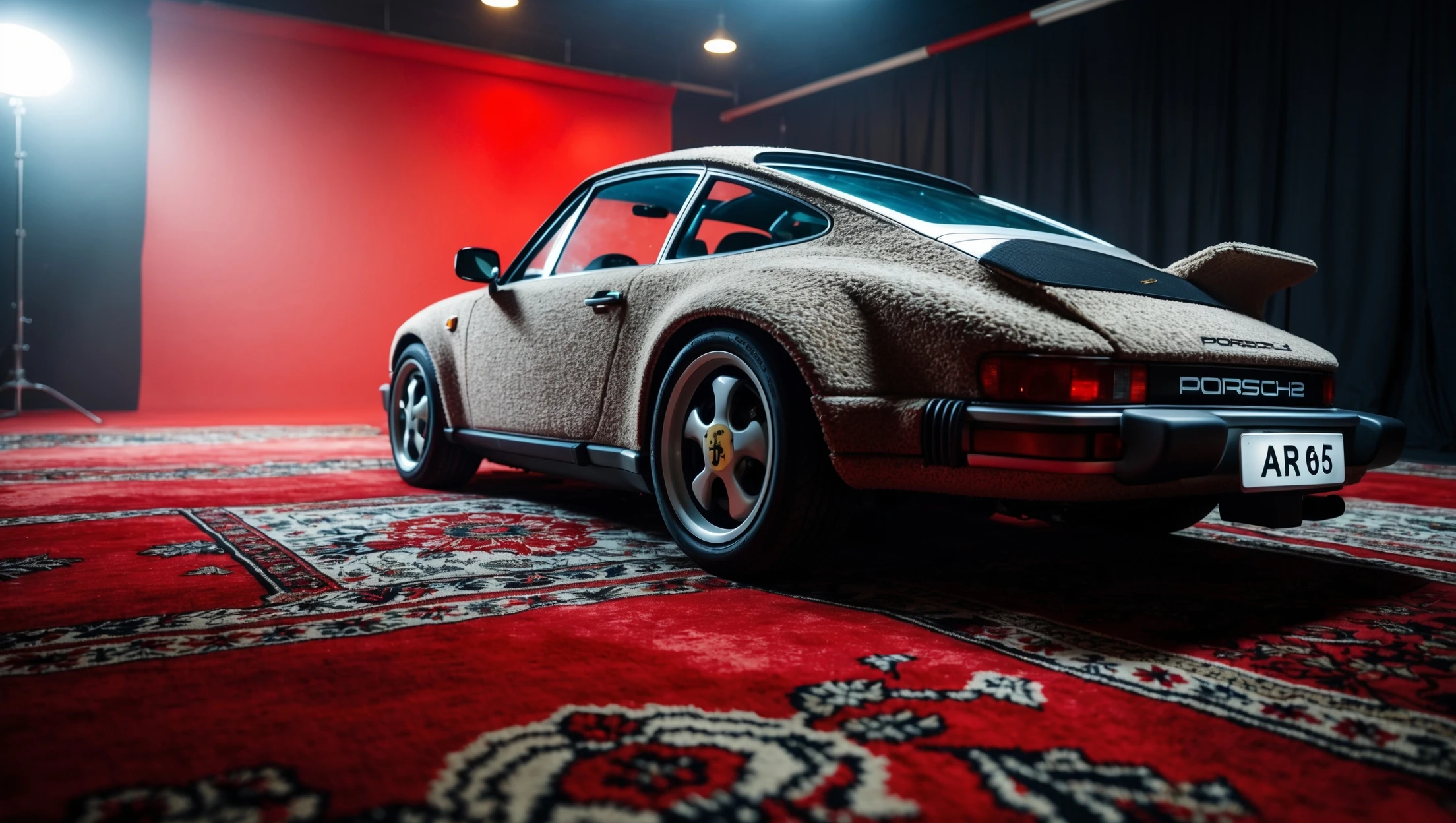 Closeup shot of a porsche 911, body of car made of russian carpet with patterns, red solid studio background, very dark room, top low key light, dutch angle, haze, captured by ARRI 65 emoji