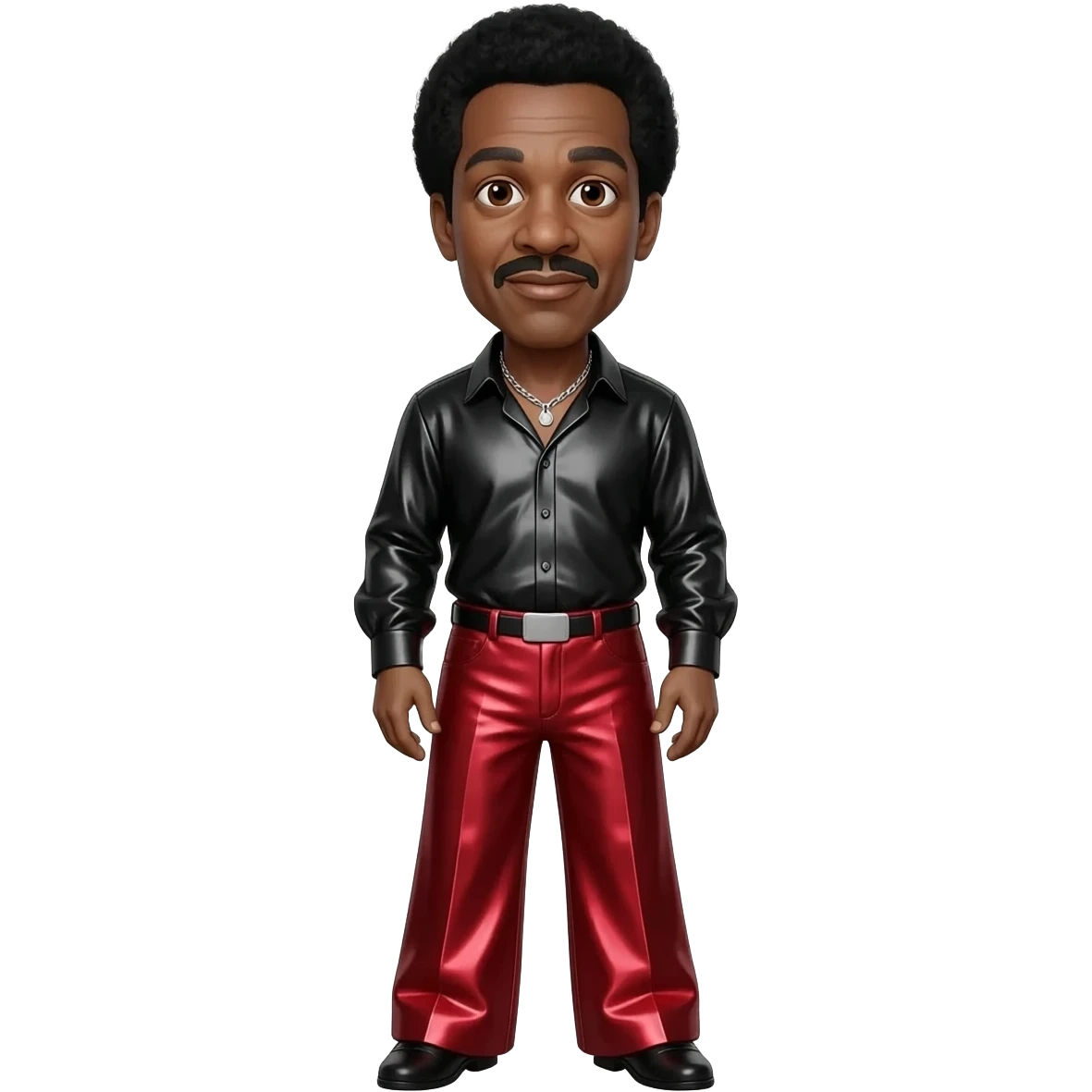 Richard Pryor with dark brown eyes, black hair, black metallic shirt, red metallic wide leg pants, silver necklace emoji