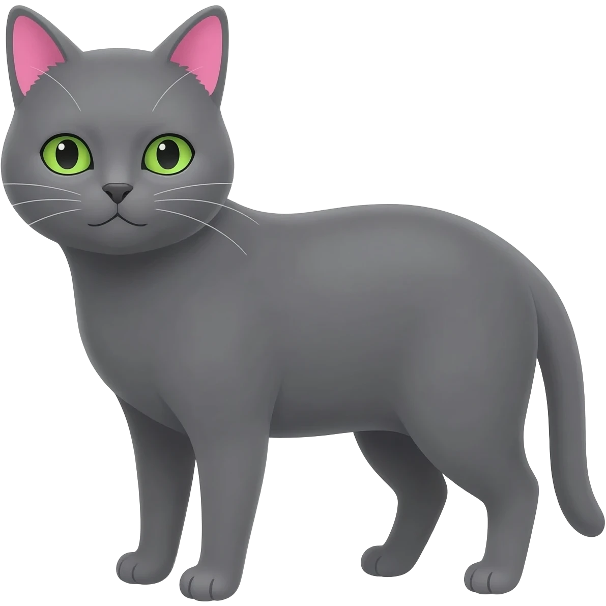A Gray cat with pink in the inside of the ear with green eyes emoji