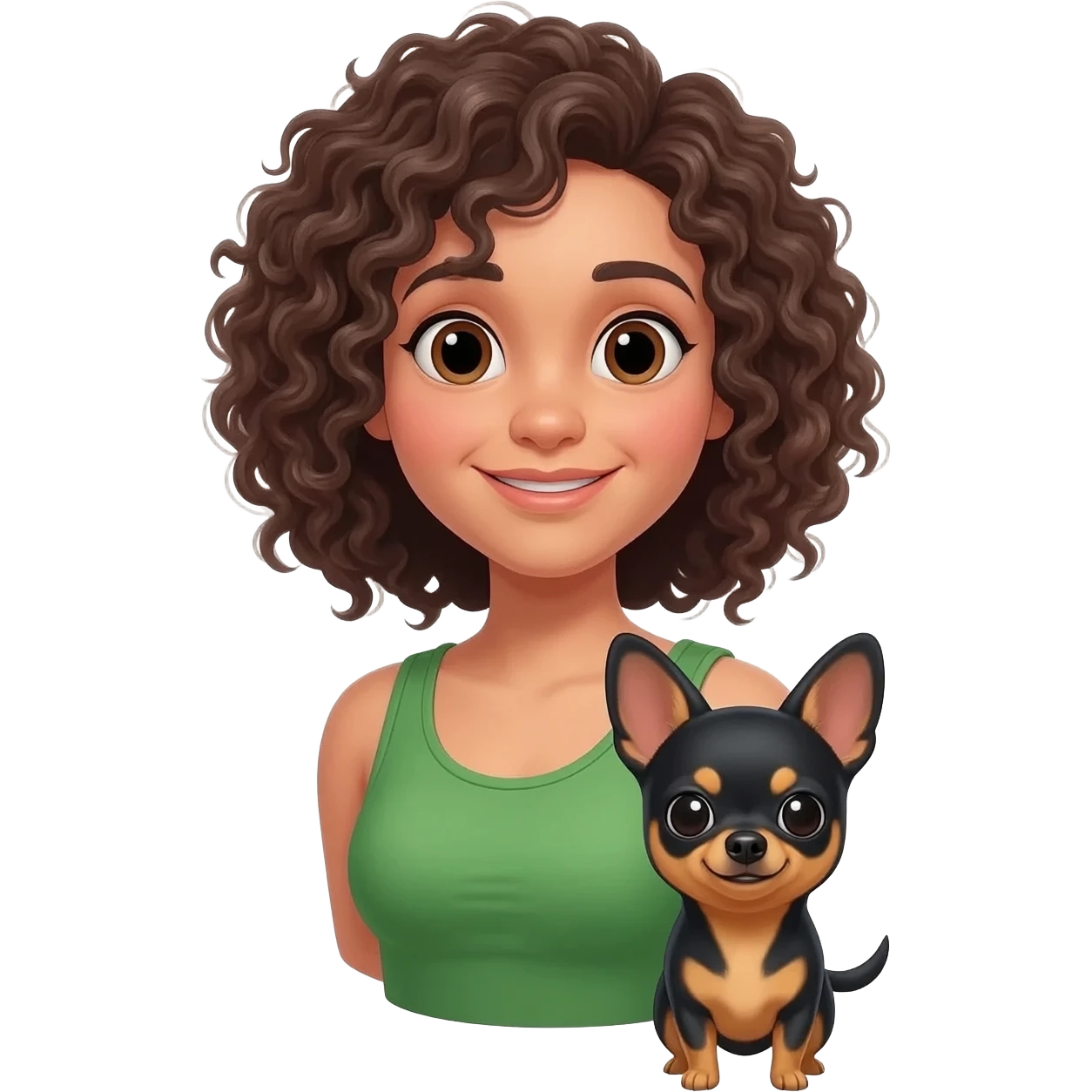 Une fille. Cheveux bouclée. Porte à maillot. Vert. Avec un chihuahua noir marron poil courut c'est une fille daisy tous les 2. Avec sa maîtresse avec. Et moi mmatichienne emoji