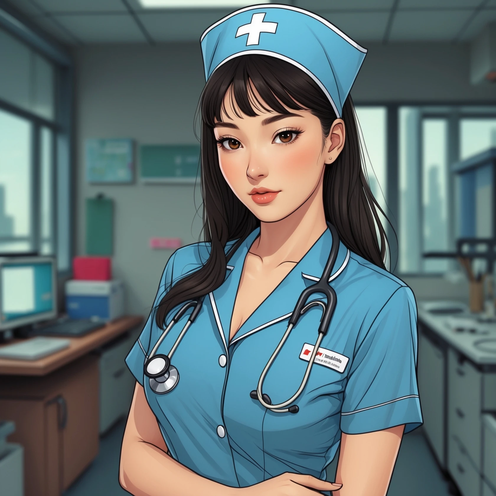 An asian nurse named Cindy with large breasts  emoji
