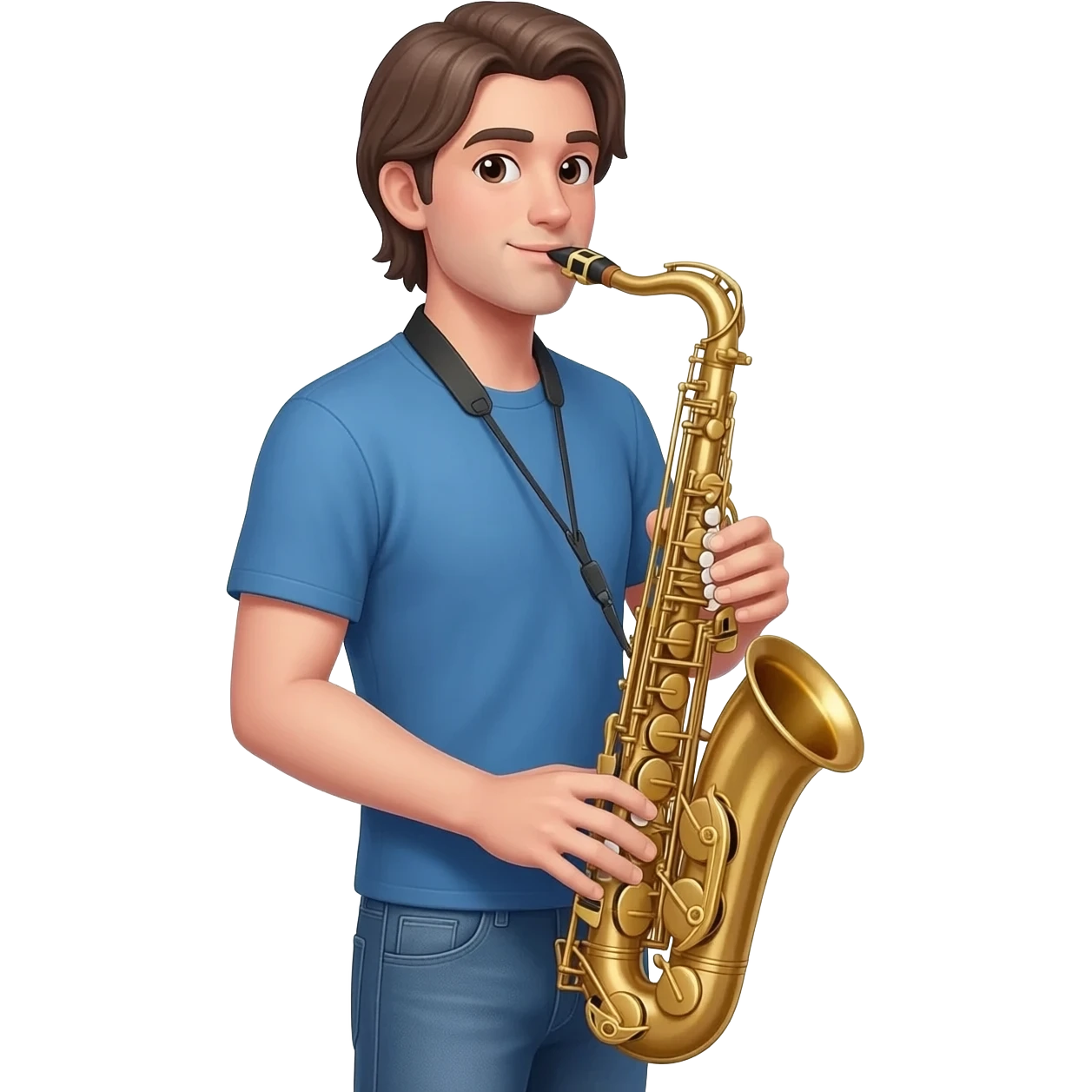 tall white boy with a medium length MIDDLE PART, playing alto saxophone. the boy is wearing jeans and a blue t shirt. emoji