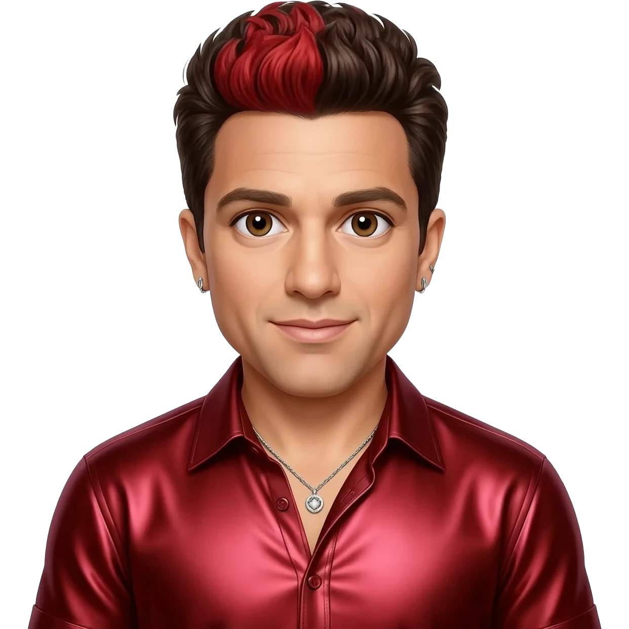 Joey Fatone from N'Sync with brown eyes, dark brown hair with red dyed, ruby red metallic shirt, silver necklace and short earrings emoji