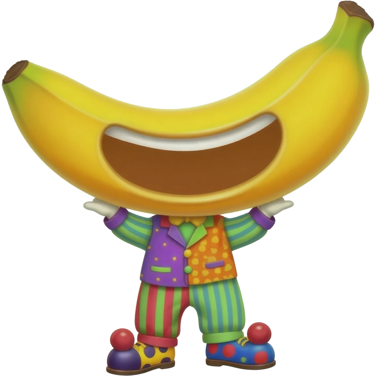 A banana in pajamas with a very big mouth and clown shoes. emoji