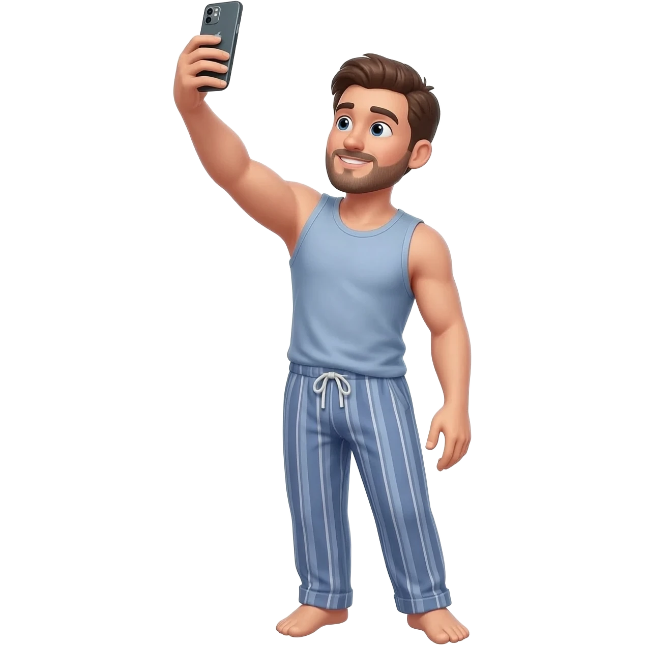 guy in pajamaspants and tank top standing holding up his phone up high and in front of him to show the camera his entire body. have him at a slight angle and looking at the phone. holding the phone vertically. holding it as  high up as he can and angled dwon to point at him emoji