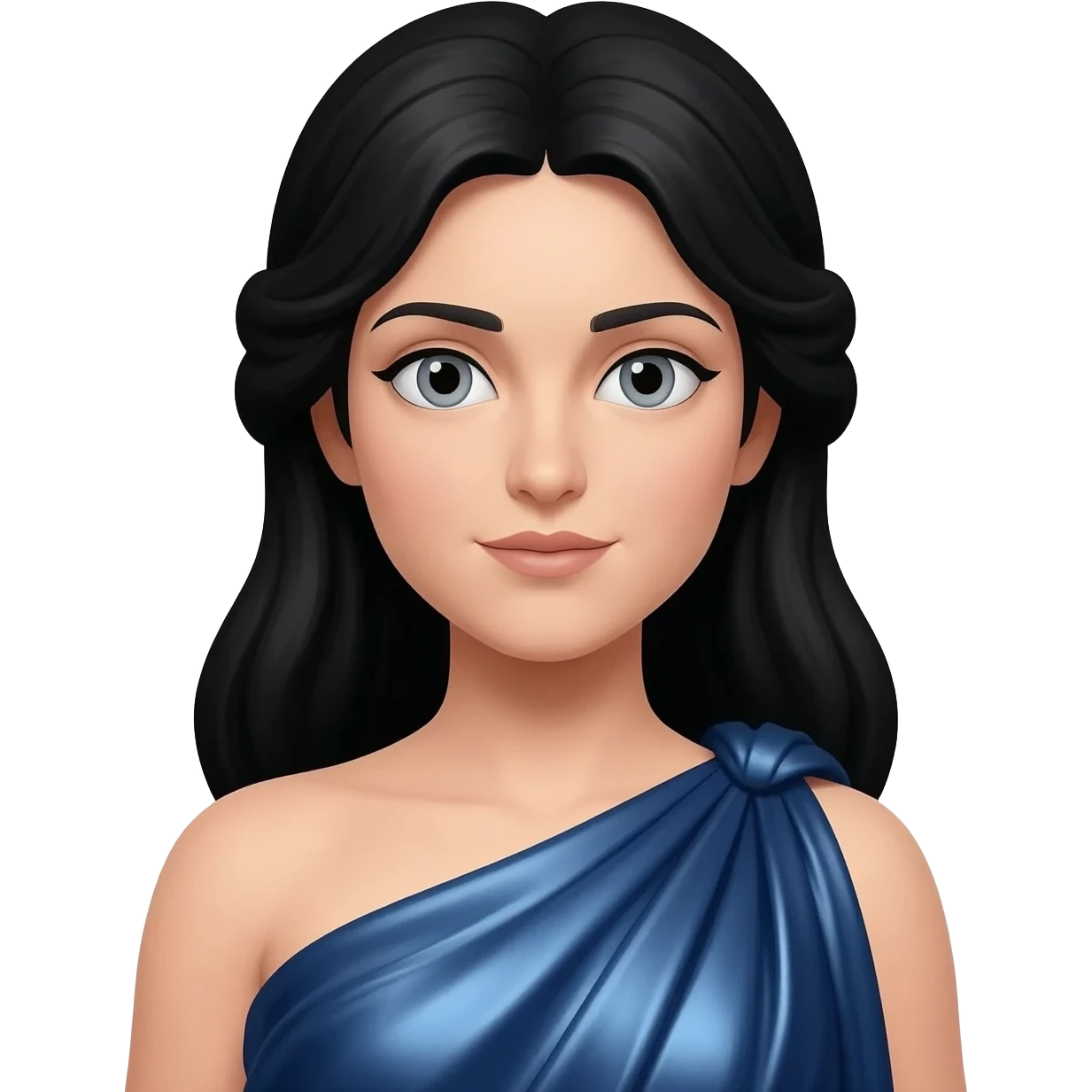 Minerva from Roman Mythology with grey eyes, long black hair, deep blue metallic peplos emoji