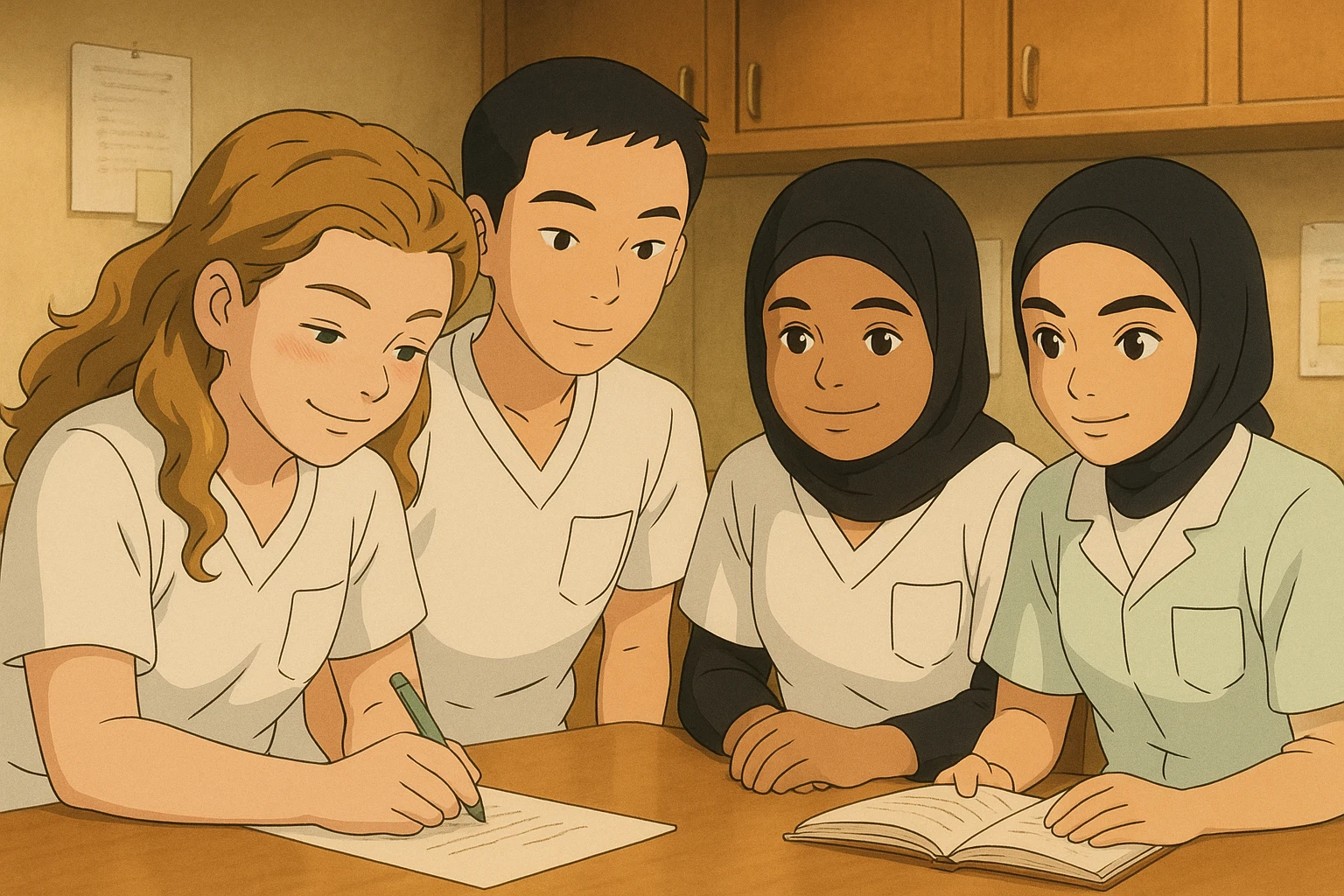 Scène intérieure Ghibli : quatre étudiants infirmiers collaborant, uniformes blancs à manches courtes, col en V, poche poitrine gauche, pas de col ni stéthoscopes, pas de tissus sous les manches. Expressions naturelles, ambiance conviviale, détails fidèles aux photos de référence. emoji