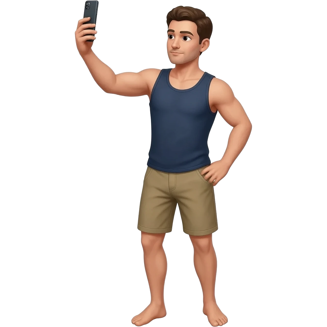 guy in tank top and shorts standing holding up his phone up high and in front of him to show the camera his entire body. have him at a slight angle and looking at the phone. holding the phone vertically. holding it high up and angled dwon to point at him emoji