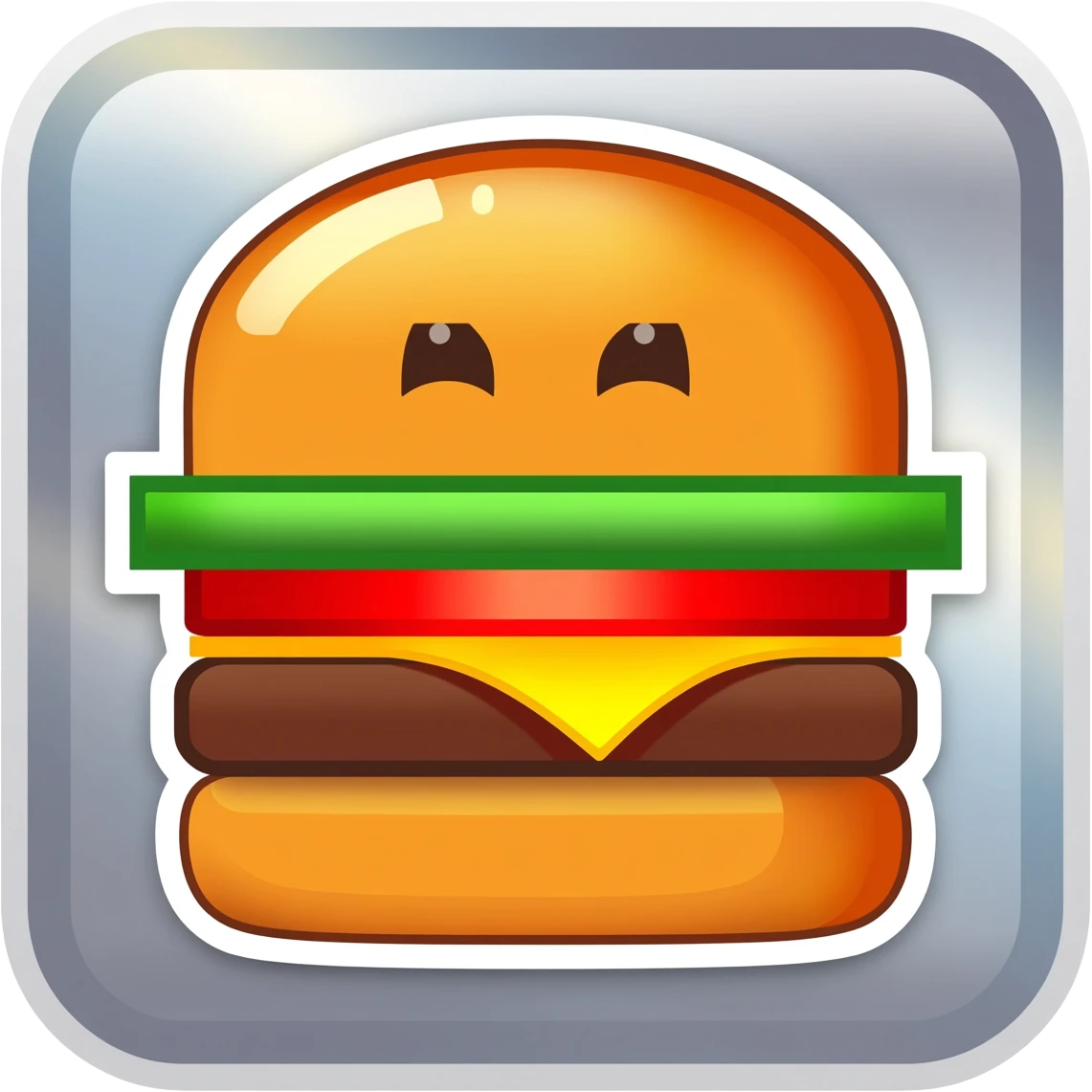 an ultra-modern trending now themed sticker, seamlessly blending internet slang into a cohesive vector-based design. The sticker shimmers with metallic effects, featuring a retro pixel-art burger at its center, winking. Twith subtle hazy light leaks adding depth.  emoji