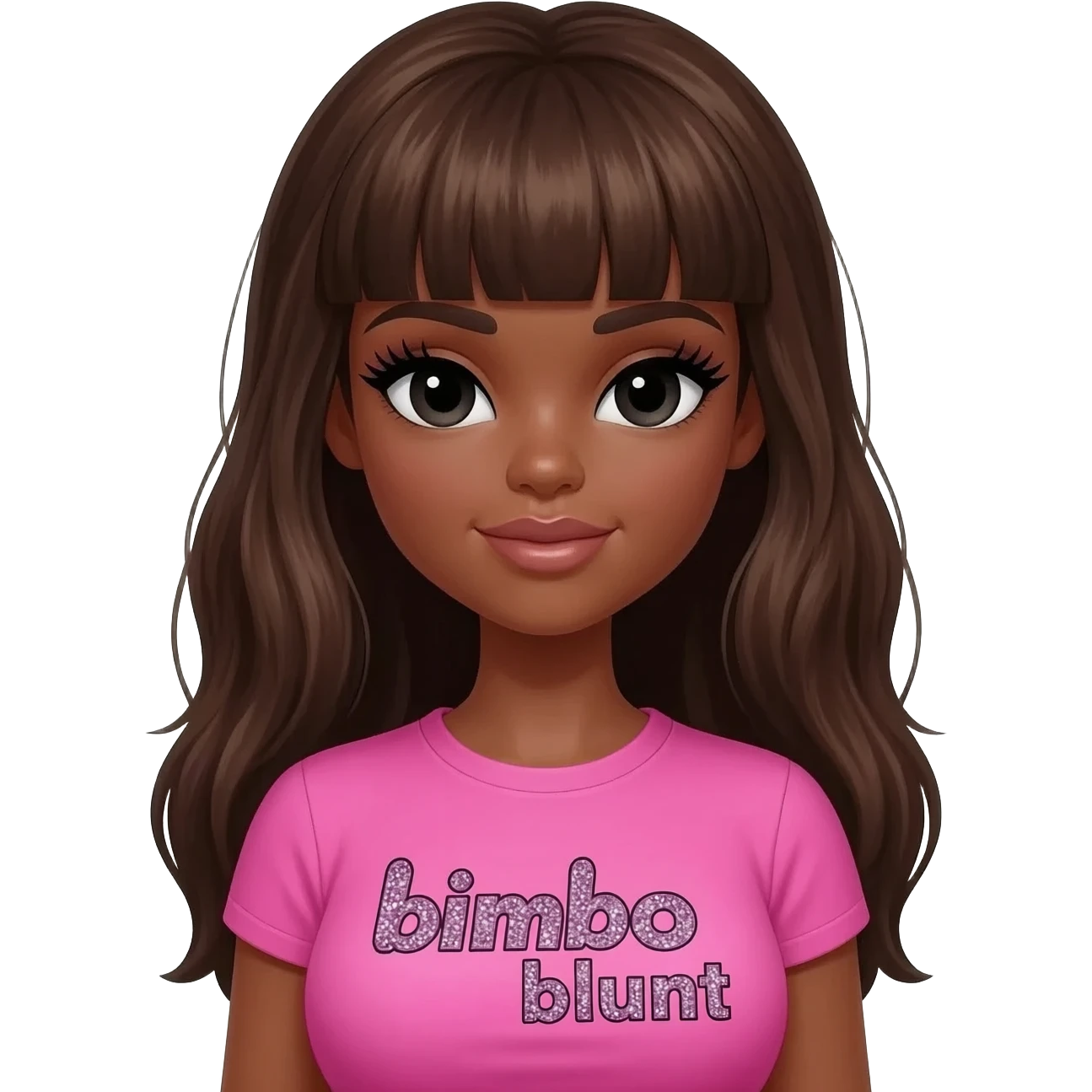 doll body , dark brown eyebrows, dark skin girl,Long giant lashes, bimbo, black doll eyes, barbie, dark brown skin, with brown hair, big breast, pink 2000s t shirt says on the sparkling text “bimbo blunt” on playboy logo emoji
