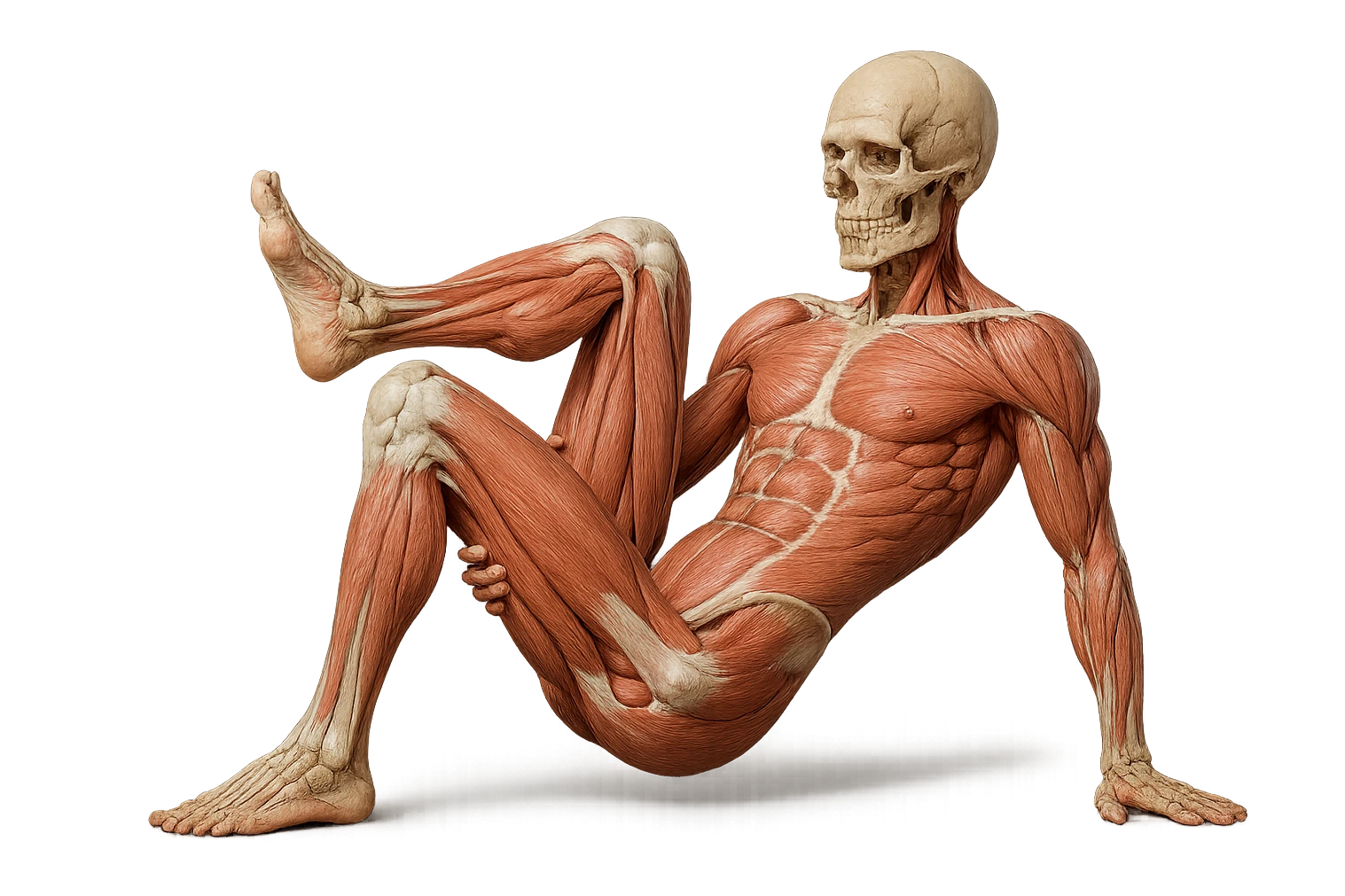 CORPO UMANO ANATOMICO REALISTICO CHE SVOLGE UN ESERCIZIO DI MOBILITà ALLE ANCHE, iperrealistico 4k emoji