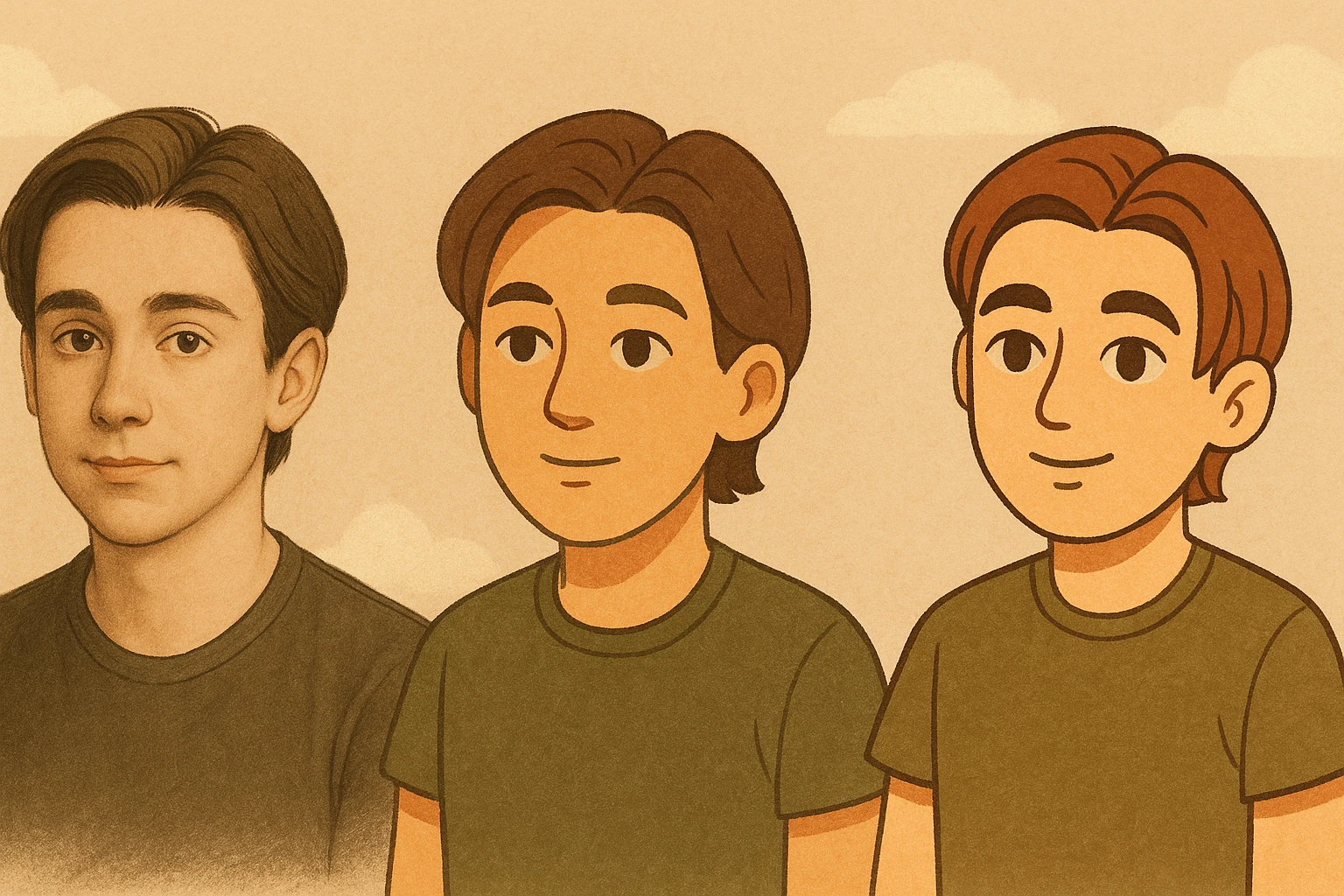 Create a smooth transitional animation between the two images, starting from a photorealistic portrait style and gradually shifting to a minimalist, flat-colored, simplified character, finally moving into a cartoonish style. emoji