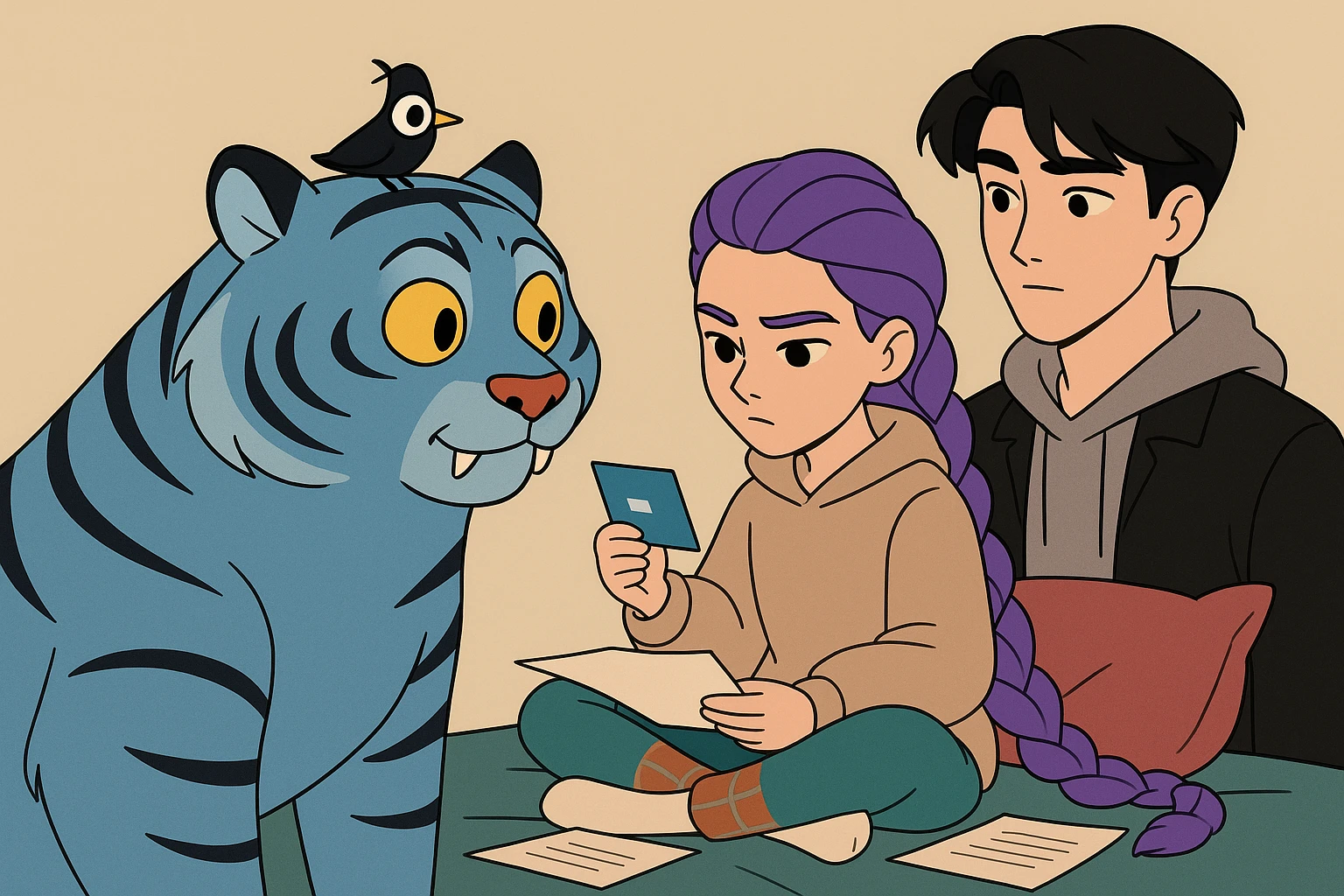 Combine the boy with black hair from the second image into the scene with the purple-haired girl and the blue tiger from the first image. Arrange them naturally as if they are all part of the same moment, matching the lighting and cartoon style of the flat toon style. emoji