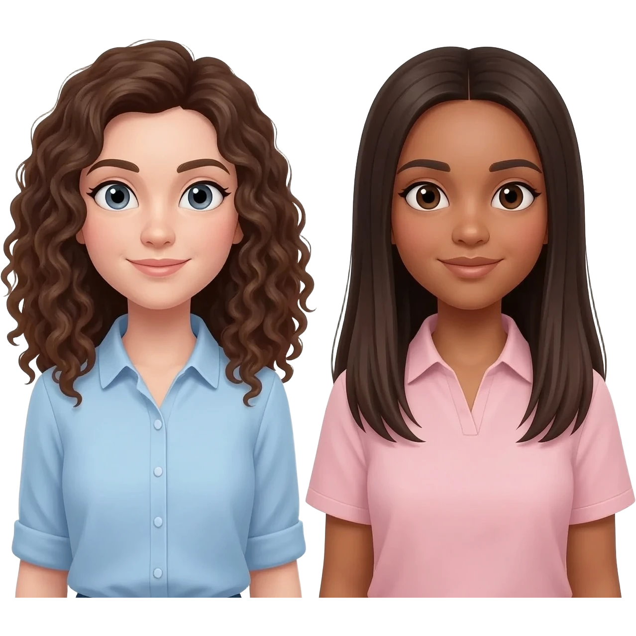 two friends one is white skin brunette curly shoulder length hair light blue shirt. other is straight dark brown hair long natural skin tone light pink shirt emoji