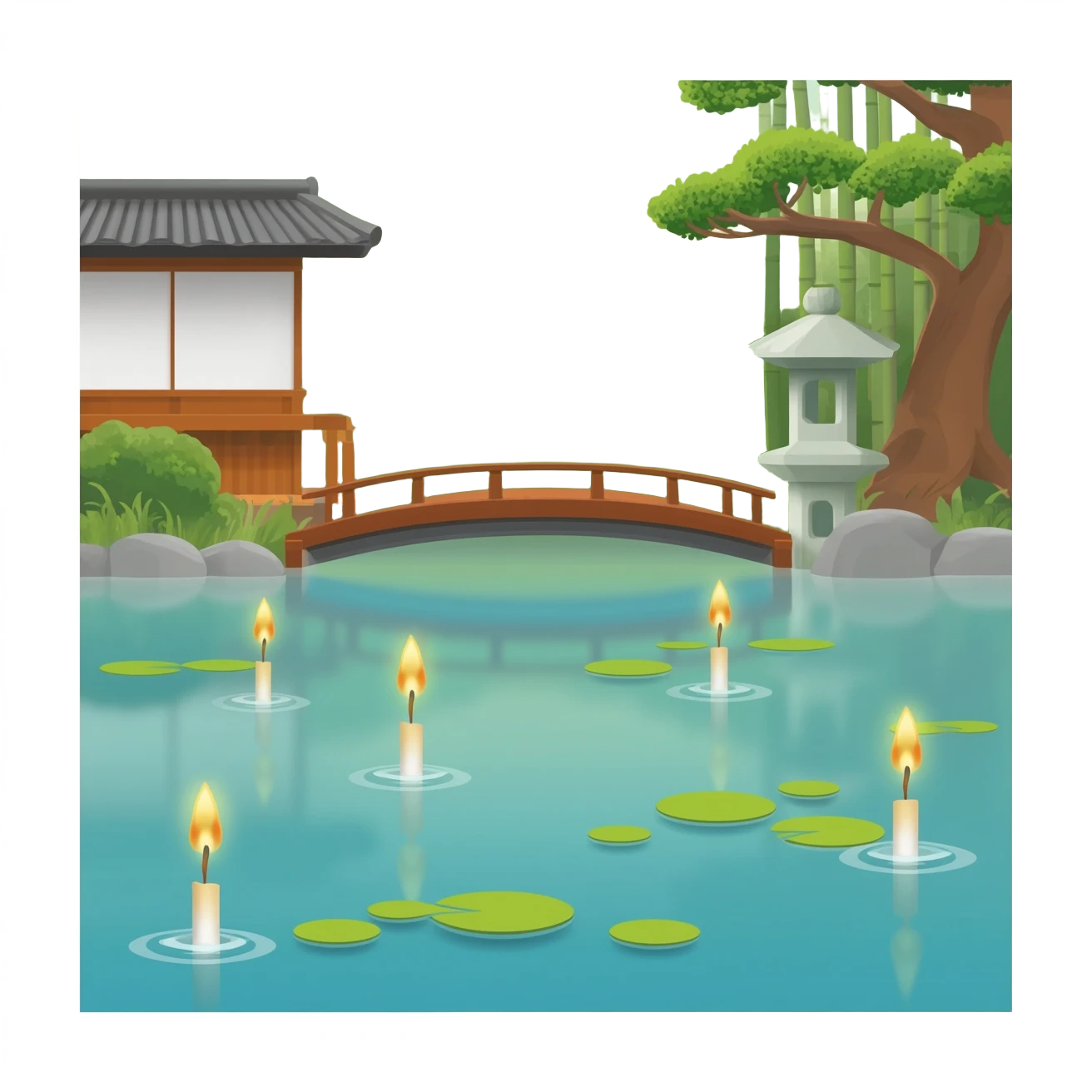 Small tea Candles floating on a pond zen Japanese garden  emoji