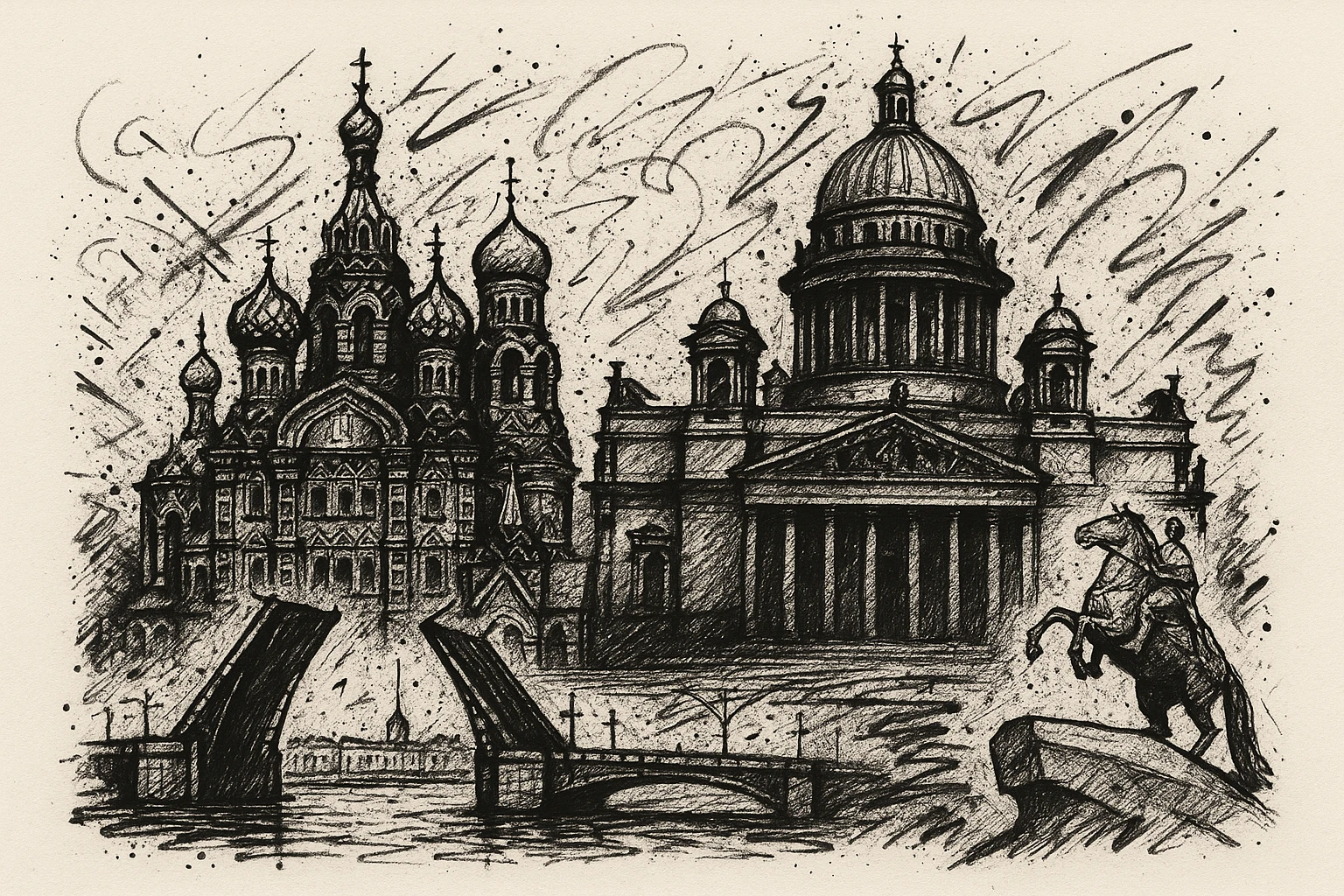 Сделай png рисунок Санкт-Петербурга в стиле граффити. Граффити черно-белое. Надписи не делай.  Рисовка в стиле Да Винчи. emoji