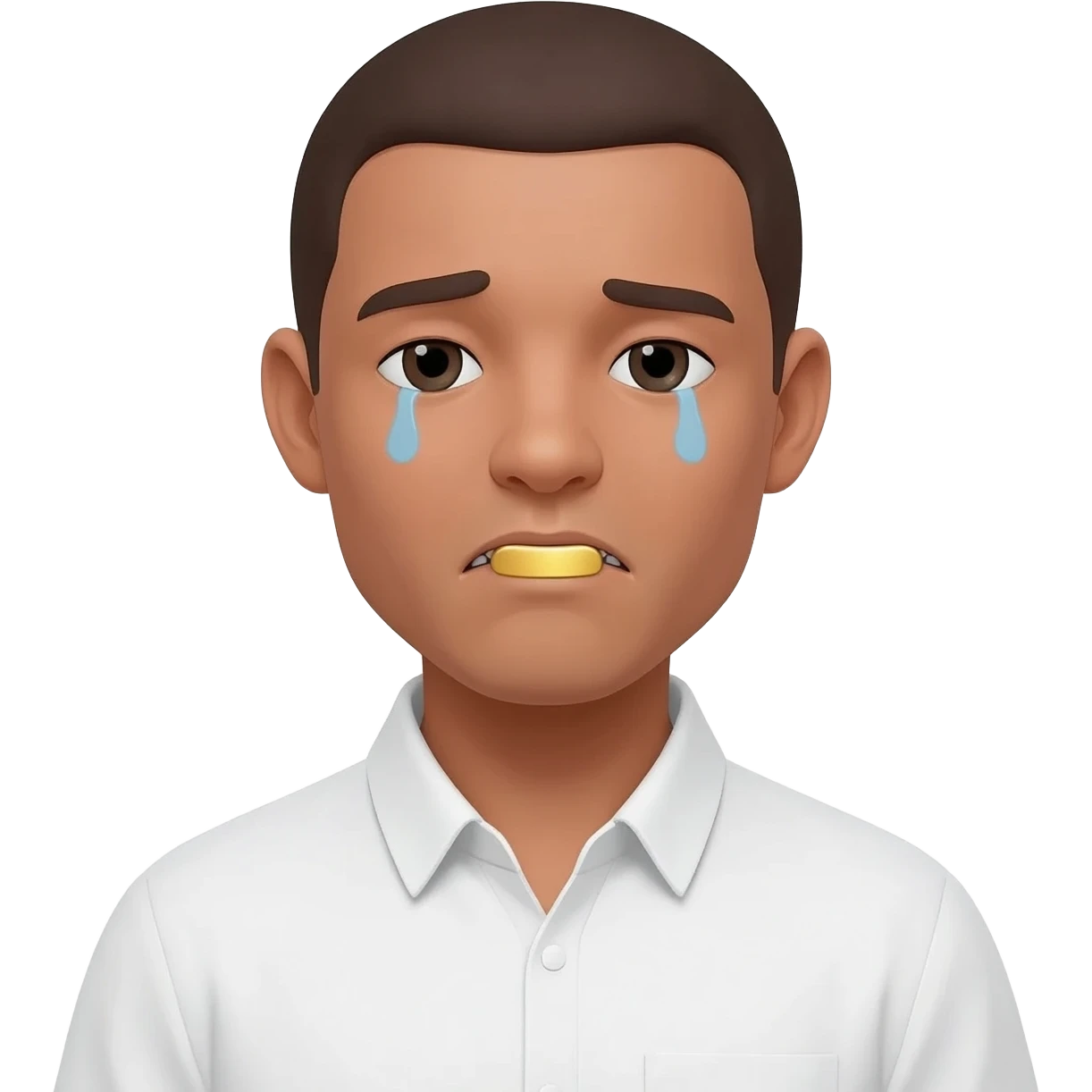 Crea a un emoji de color piel, camisa blanca y dientes de oro ojos cansados emoji